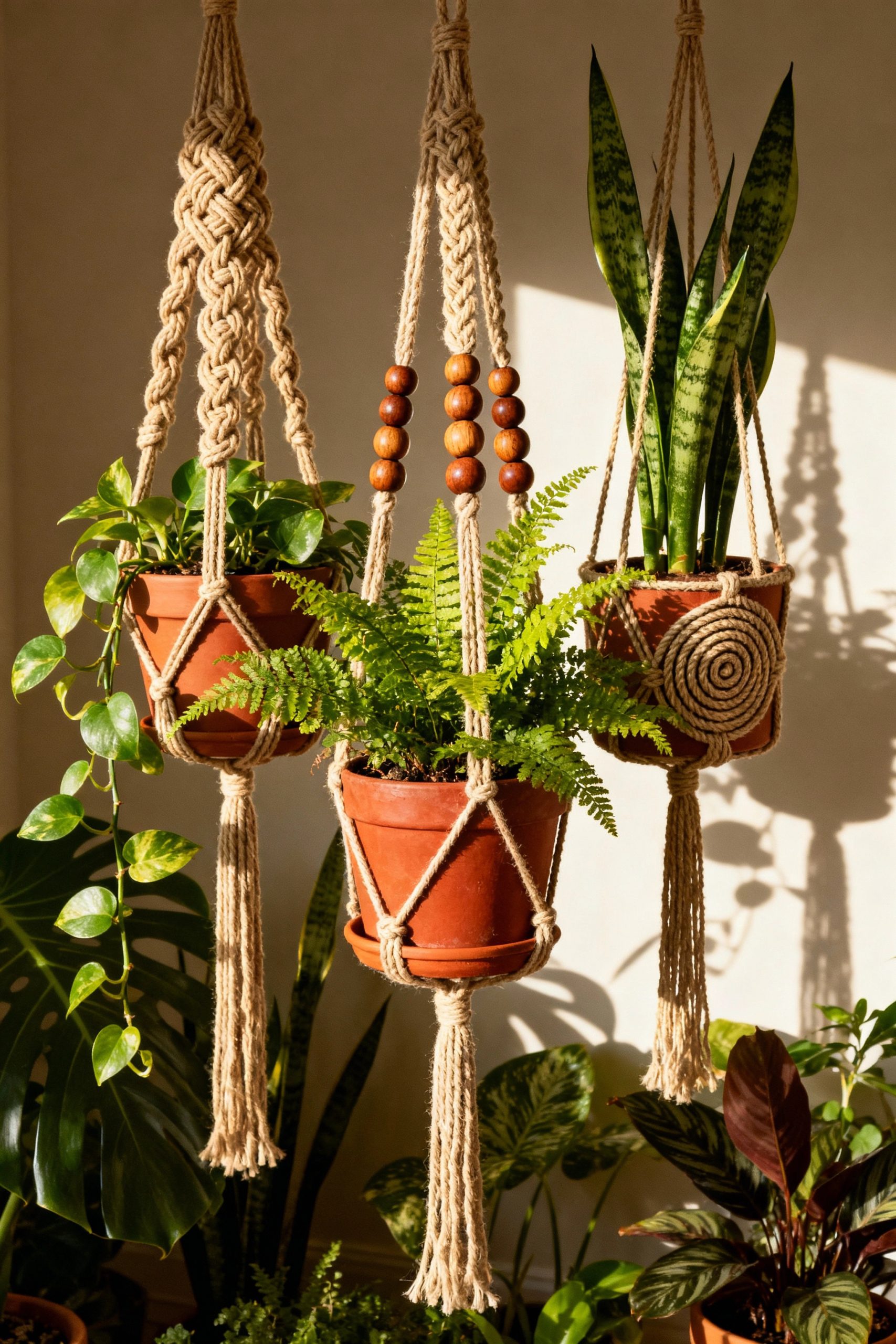 A beautiful grouping of three different macrame plant hangers holding a fern, snake plant, and pothos, creating a lush, textured 'indoor jungle' focal point.