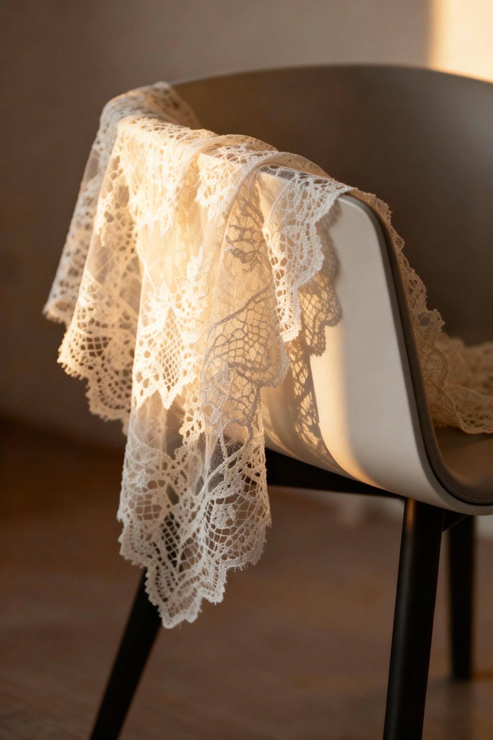 A close-up detail shot of an intricate piece of light ivory lace draped over the back of a modern chair, highlighted by warm sunlight.