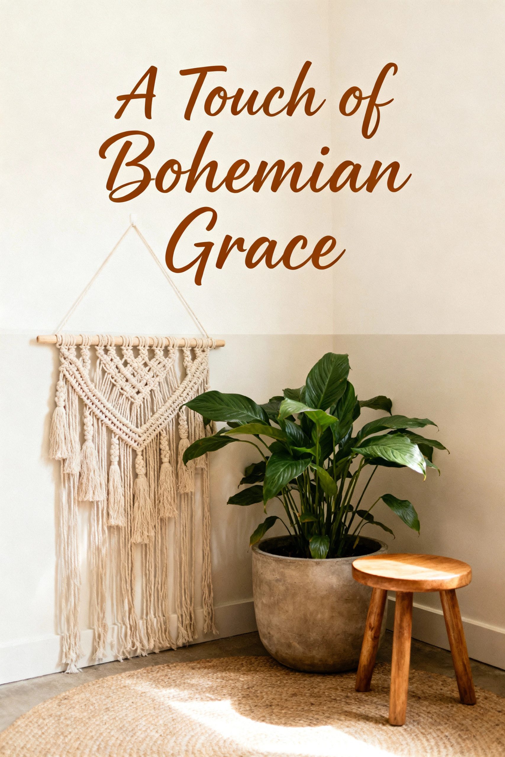 A simple and elegant corner with a hanging macrame piece, a peace lily plant, and a small stool, with the text "A Touch of Bohemian Grace".