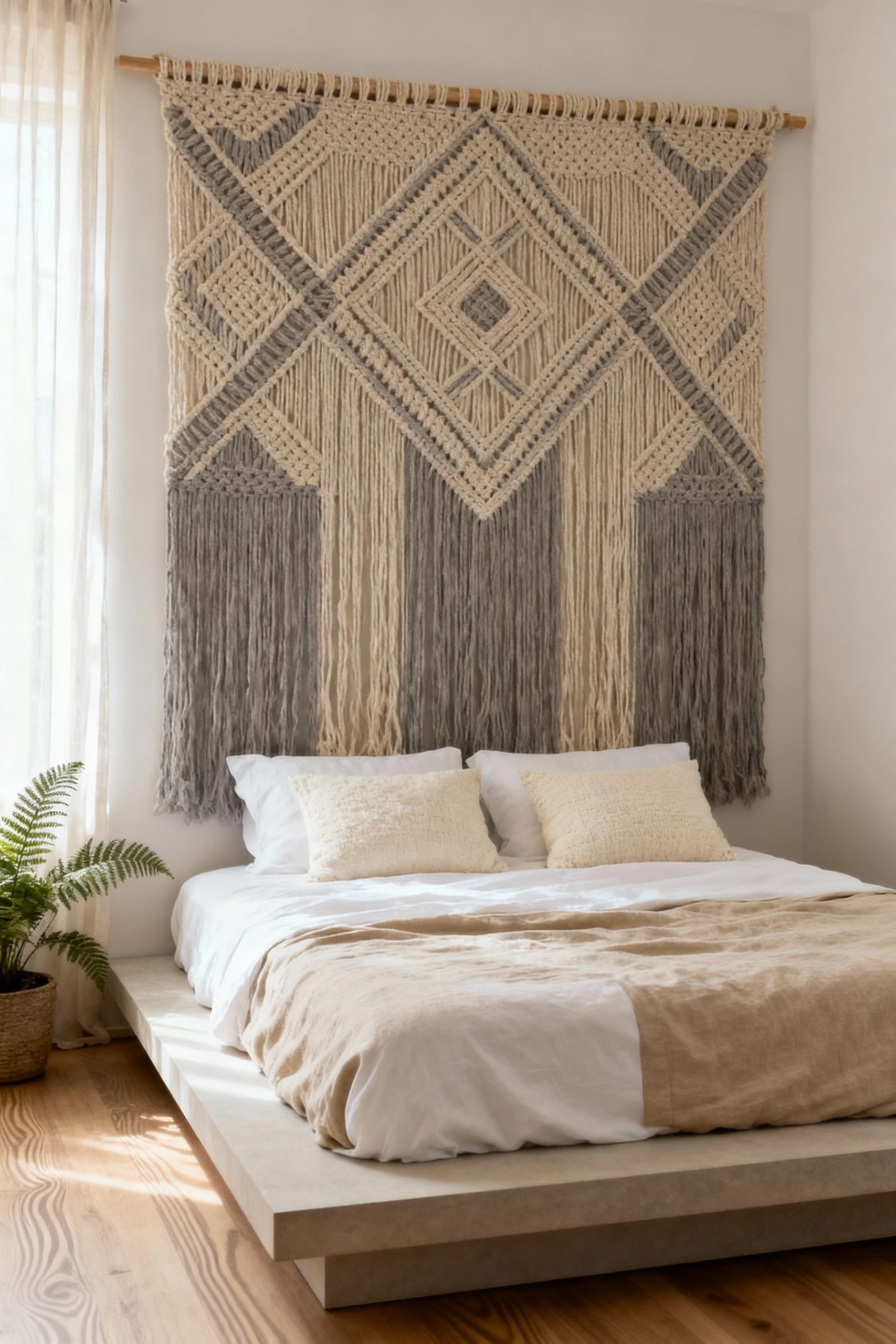 A large macrame wall hanging in beige and grey with a geometric pattern hangs above a low-profile bed, functioning as a modern and stylish headboard.
