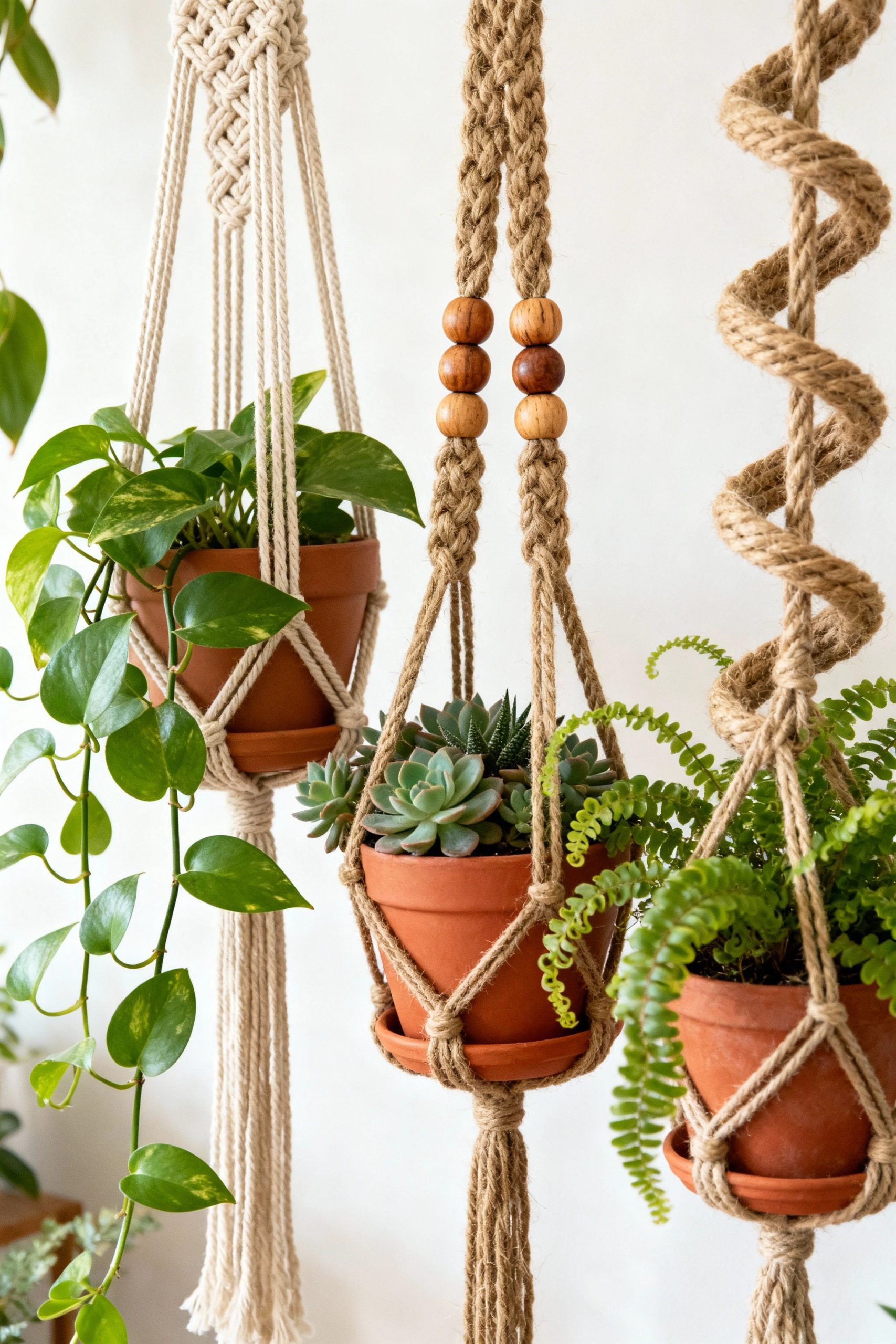 A close-up showing three different macrame plant hangers—one with beads, one made of jute, one of cotton—displaying various plants like succulents and pothos.