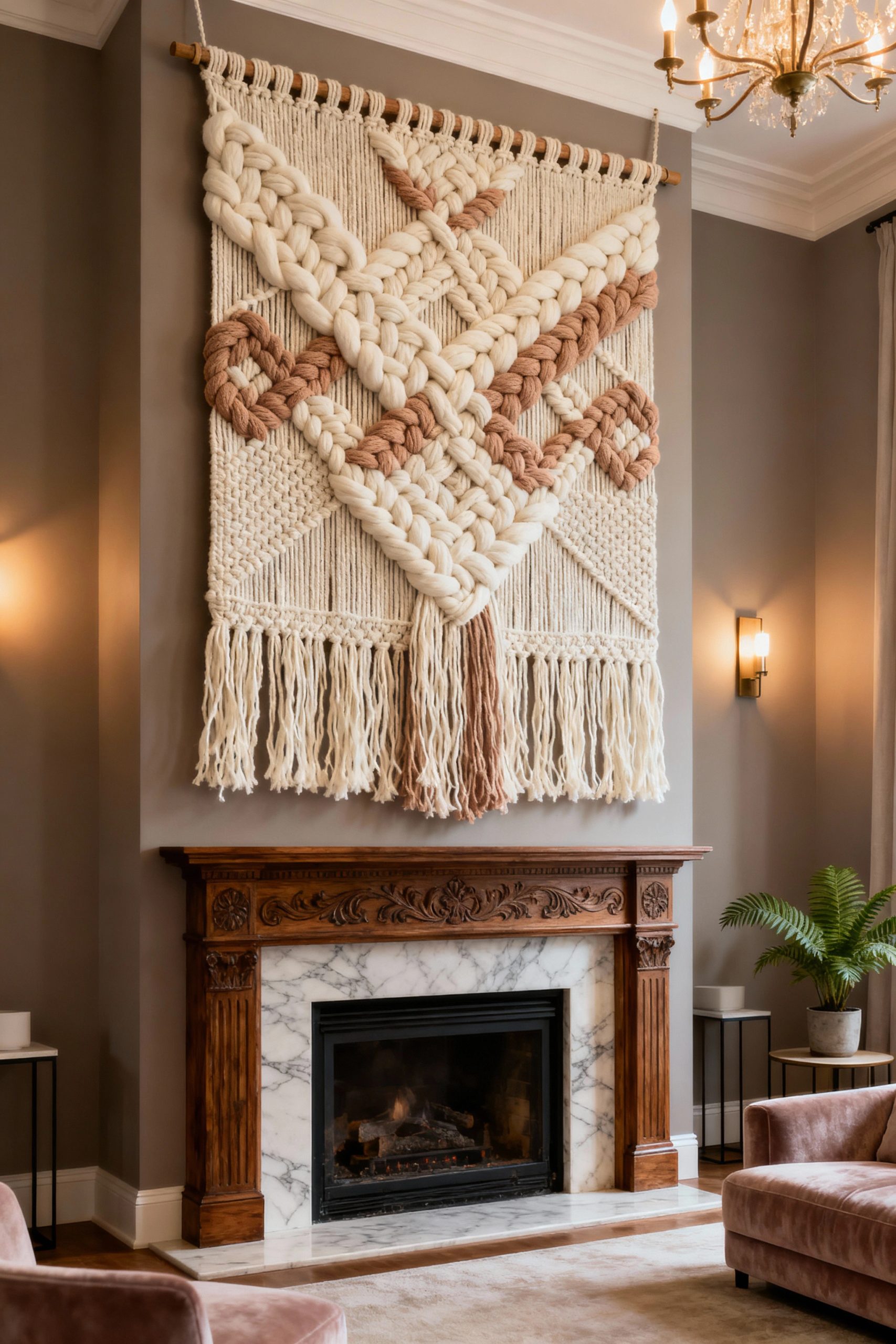 A very large and textural woven macrame hanging in blush and cream tones, adding a soft, modern touch to the wall above an ornate, classic marble and wood fireplace.