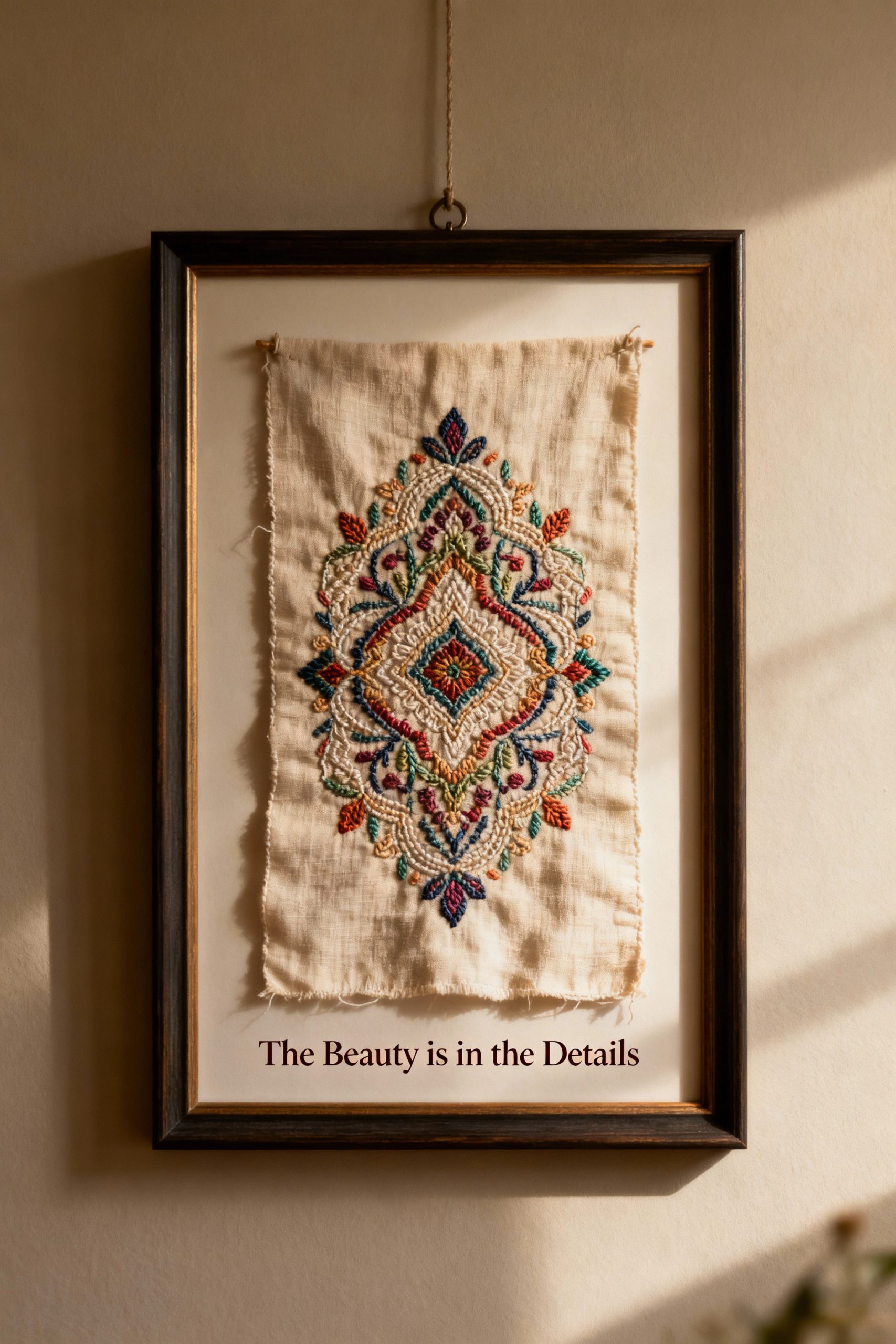 A beautiful piece of colorful, geometric embroidery framed as wall art and hung on a wall, with a text overlay that reads "The Beauty is in the Details".