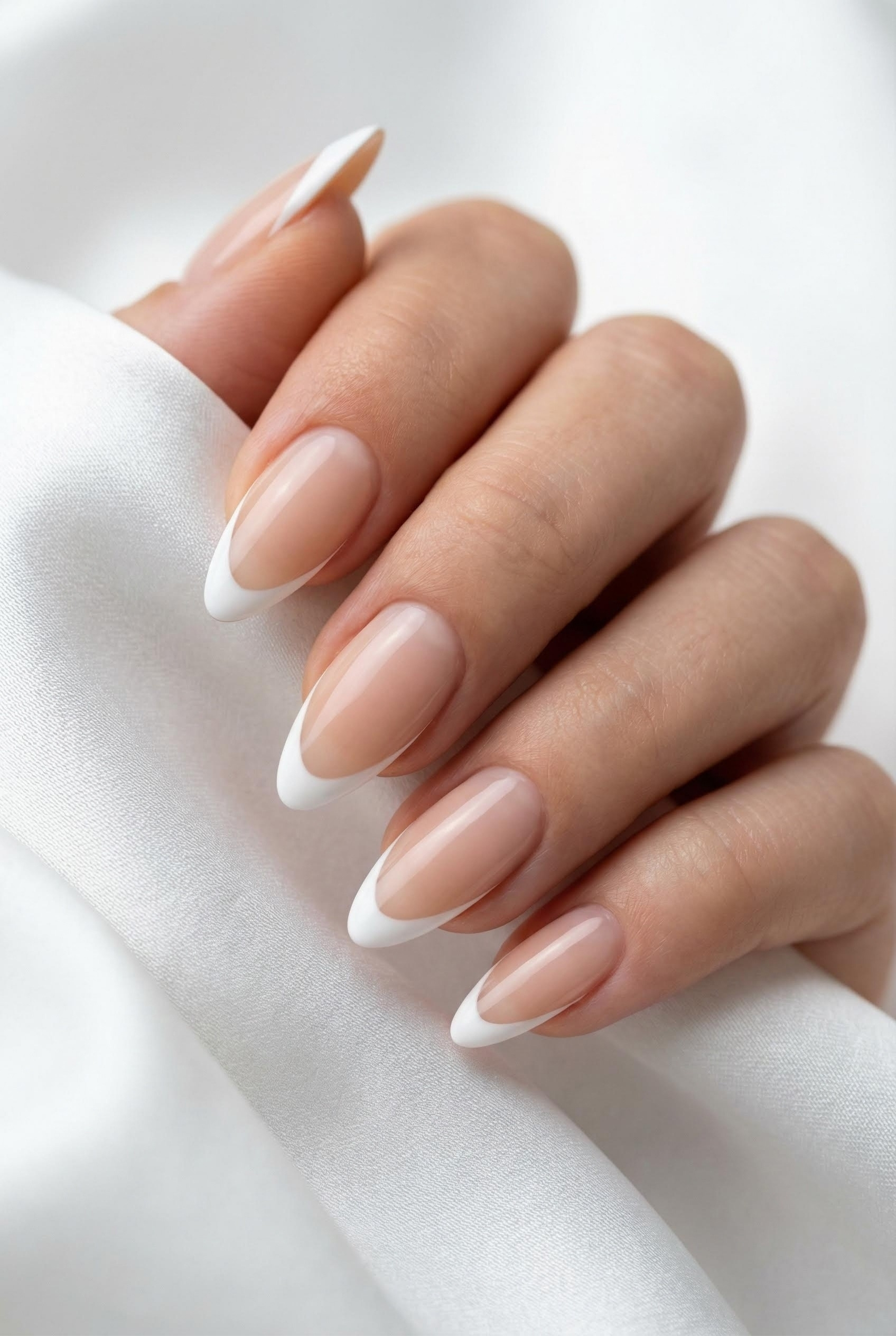 Minimalist Chic: The Ultimate Guide to the Modern Micro French Manicure 1 Close-up of almond shaped nails with very thin white micro french tips resting on white silk fabric.