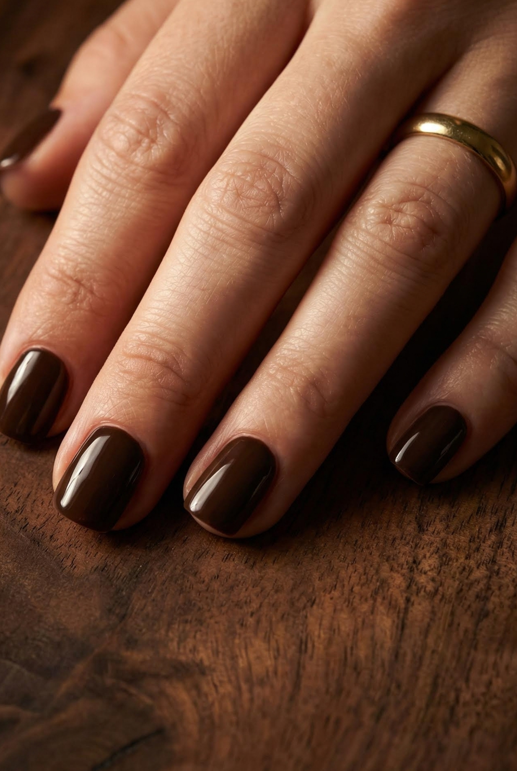 Earthy Elegance: The Ultimate Guide to Chocolate and Latte Tone Nails 1 Close-up of deep espresso brown glossy nails with a gold ring resting on a dark wooden surface.