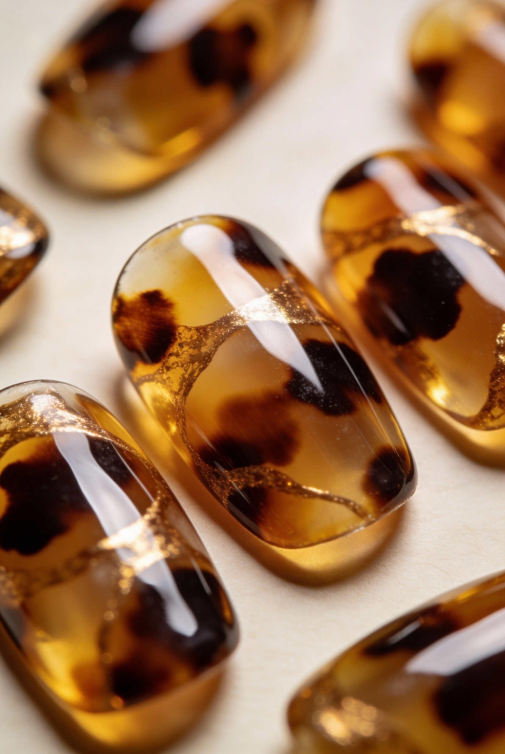 Macro photography of glossy tortoiseshell nail pattern showing amber, caramel, and dark brown translucent layers.