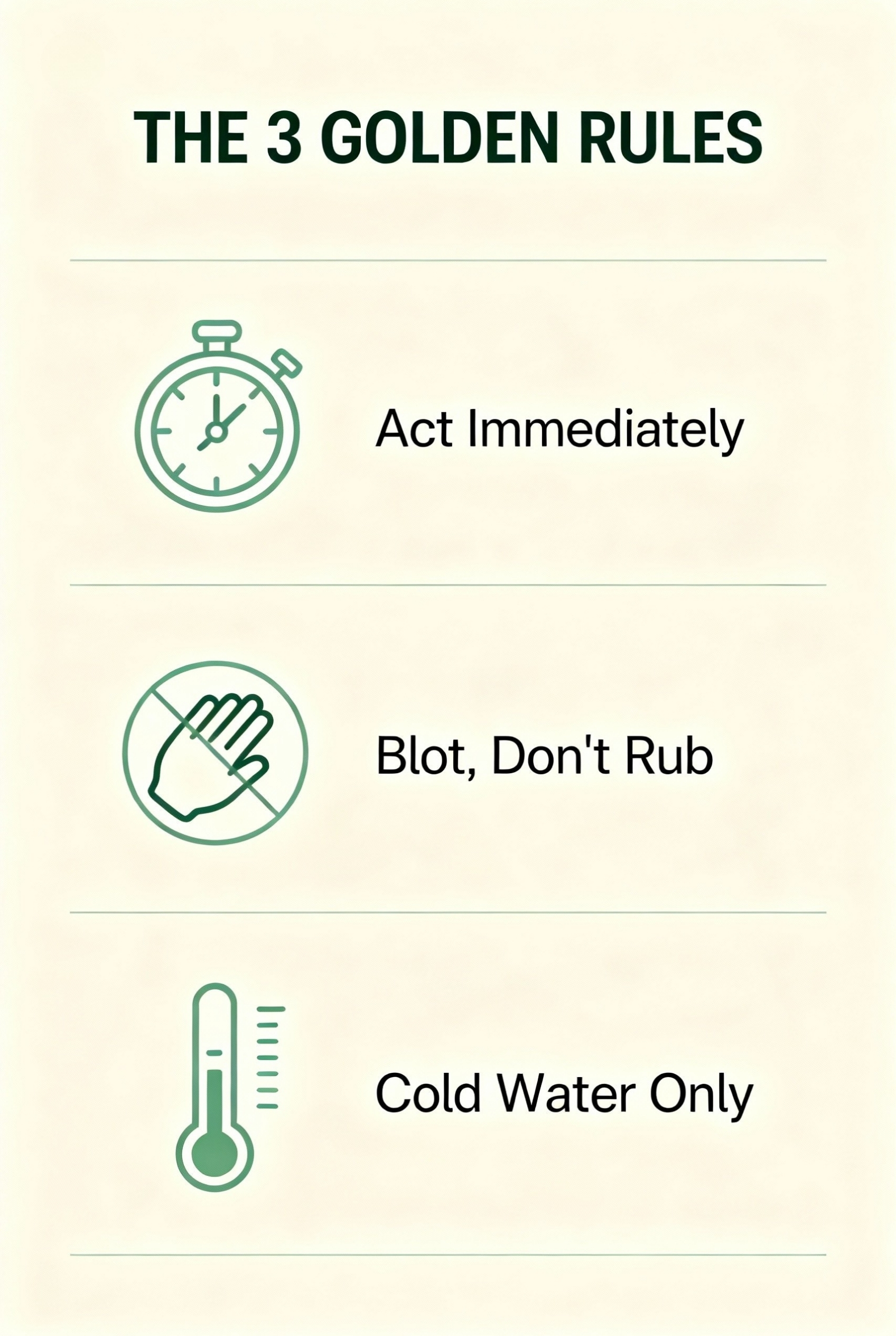 Save Your Clothes: The Ultimate Chemical-Free Stain Removal Guide 1 The 3 golden rules of stain removal infographic list: Act immediately, blot don't rub, and use cold water only to prevent setting stains.