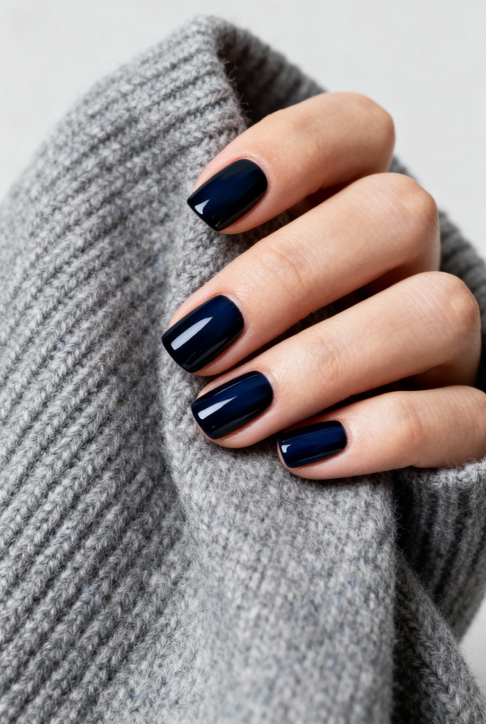 Sophisticated Depth: The Midnight Blue and Navy Nails Manicure 1 Short square glossy navy blue nails resting on a grey knit sweater texture.