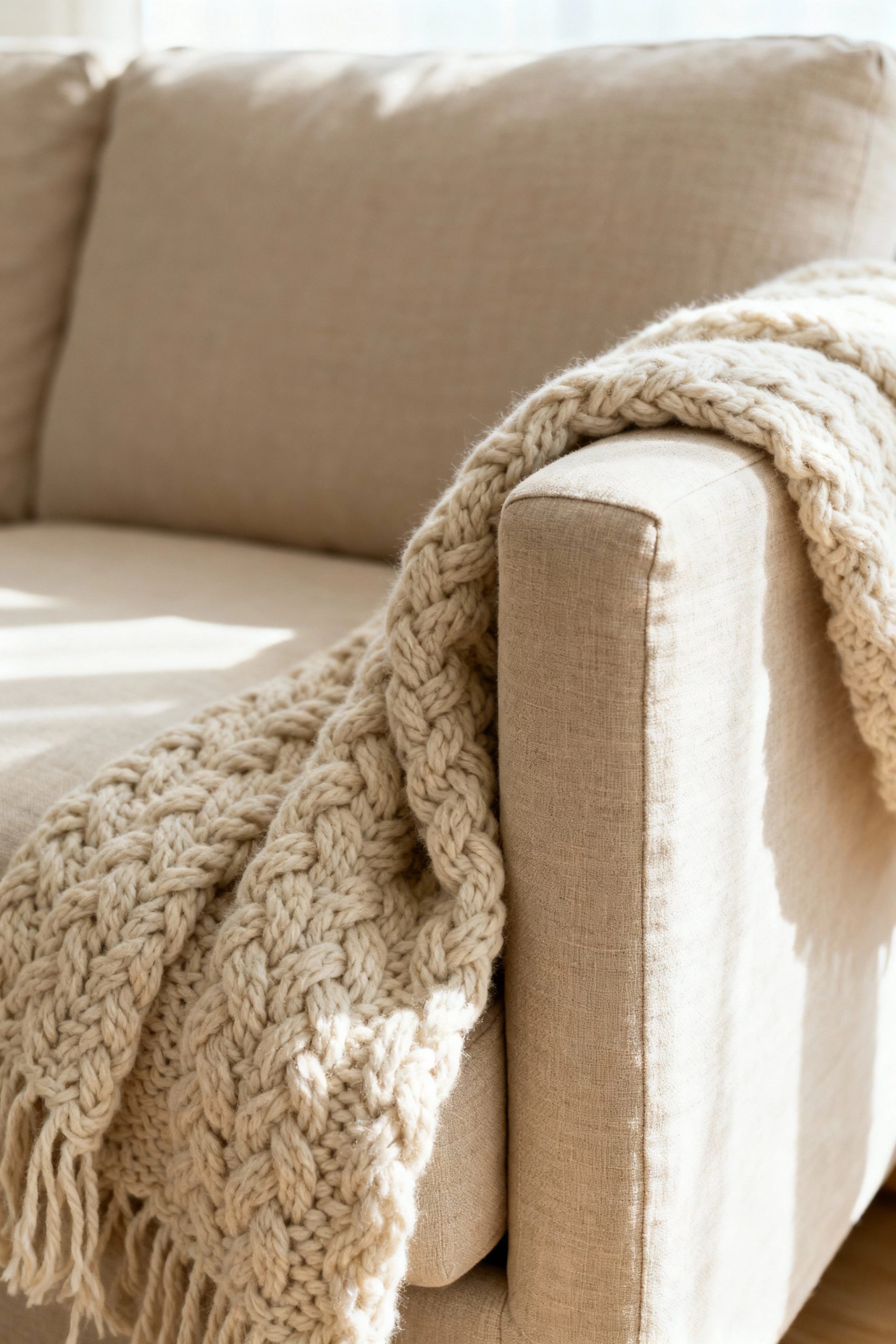 Close up of a cream chunky knit throw blanket draped over a beige linen sofa in natural sunlight.
