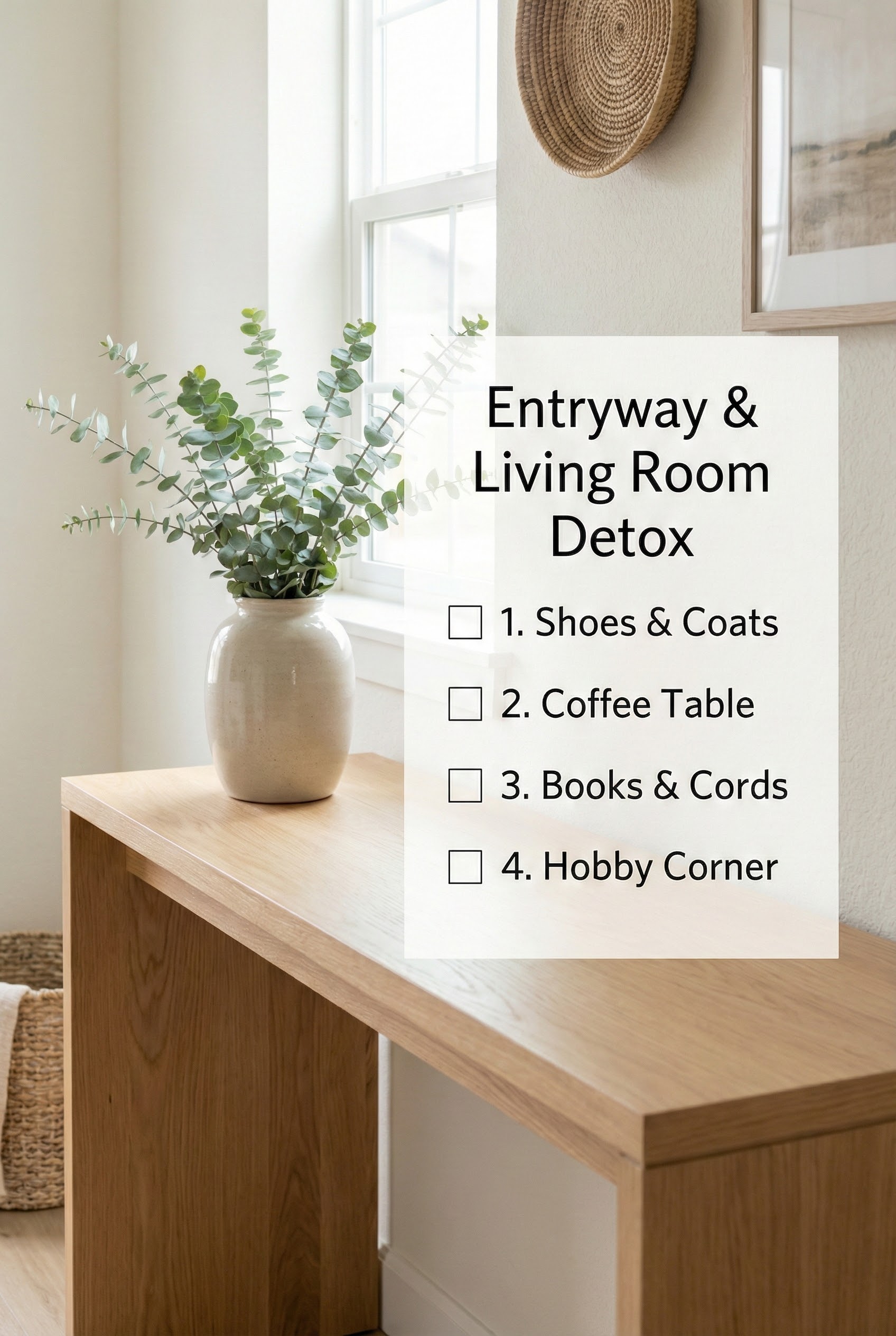 Wooden entryway console table with eucalyptus plant. Checklist text overlay for shoes, coats, coffee table, books, and hobby corner.