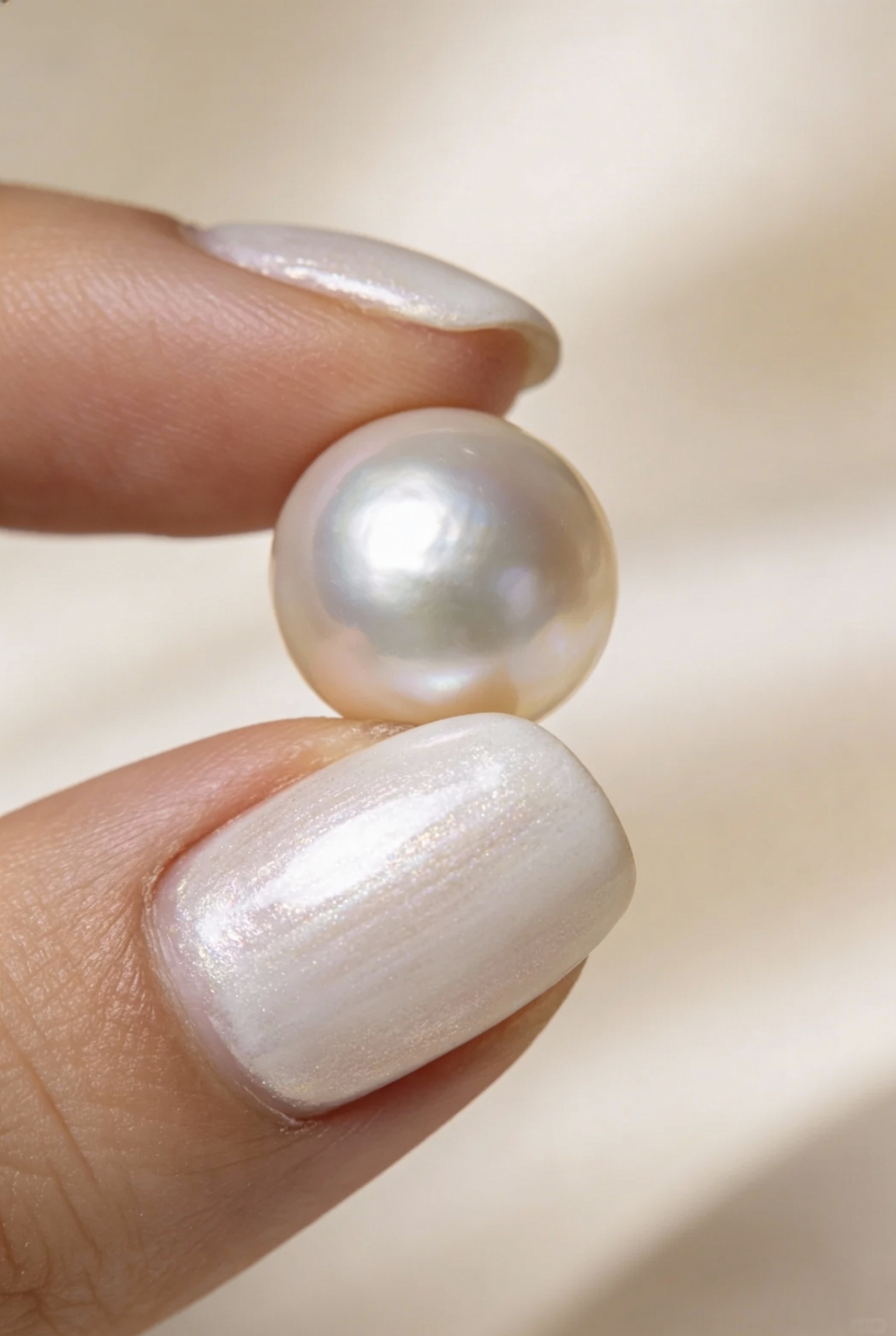 Manicured fingers holding a real pearl, demonstrating the matching pearlescent finish of the polish.