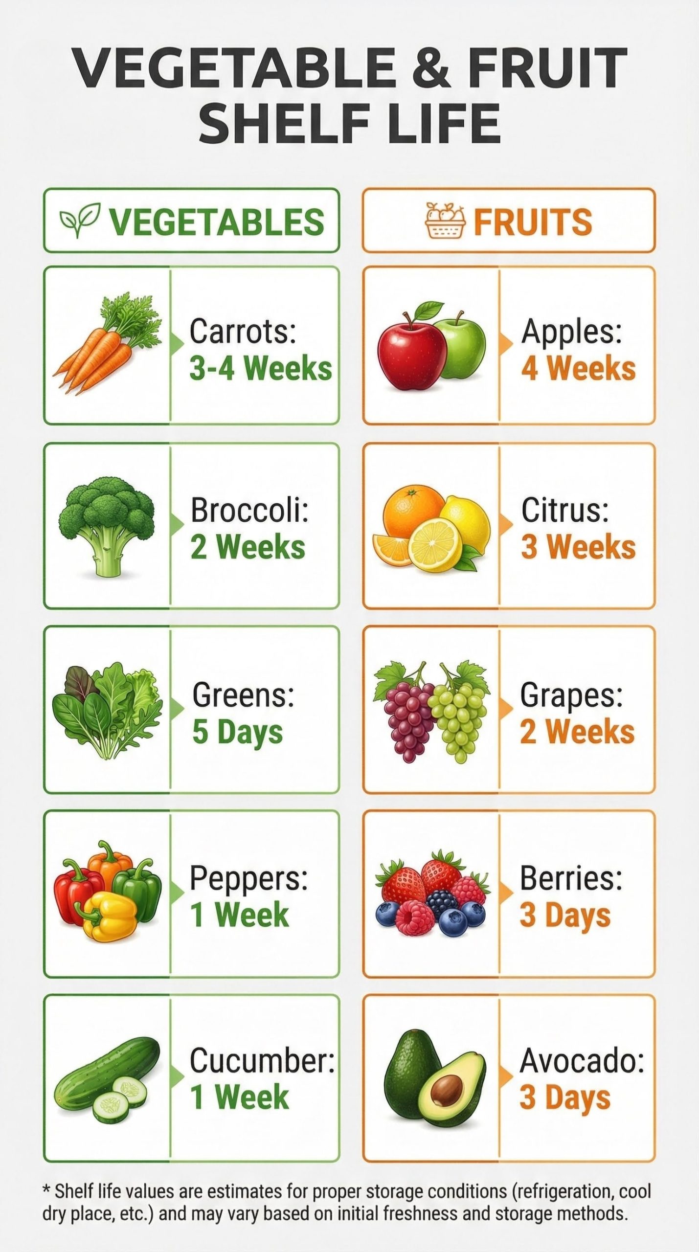 Infographic chart listing shelf life for vegetables like carrots, broccoli and fruits like apples, berries.