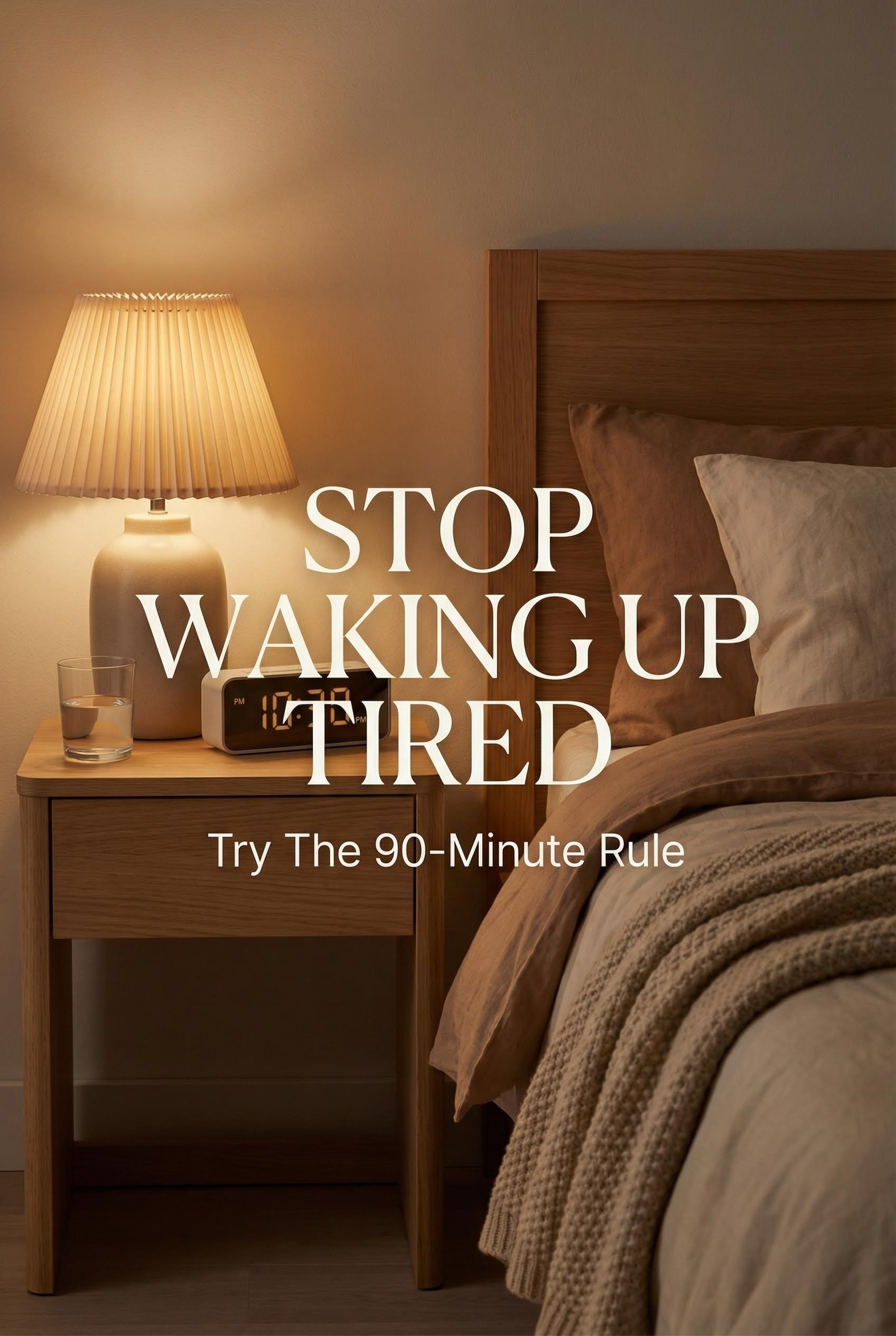 Cozy bedroom nightstand with a lamp and alarm clock, featuring text Stop Waking Up Tired, related to the 90-minute sleep rule.