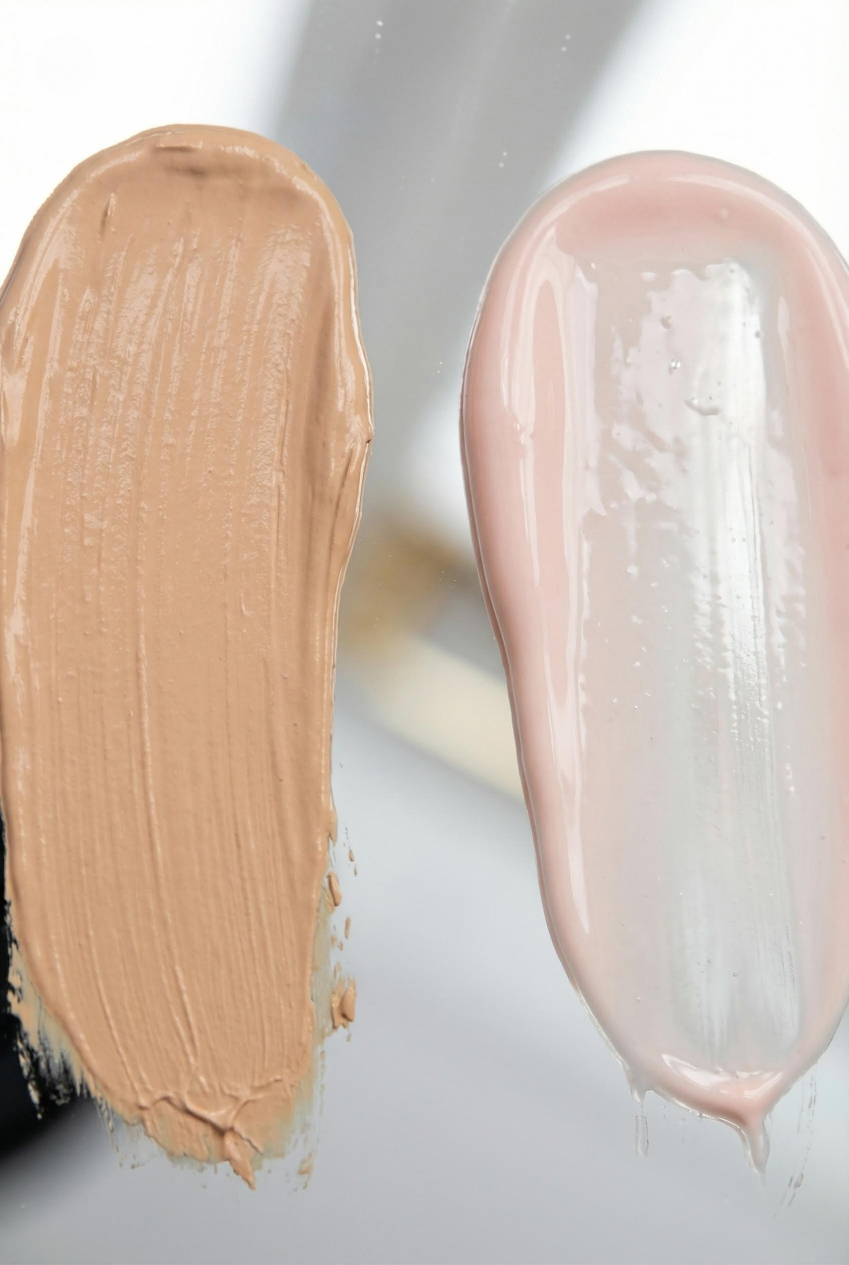 Macro shot of two makeup smears on a mirror. Left: Opaque beige foundation. Right: Sheer pinkish BB cream. Highlighting the texture difference.