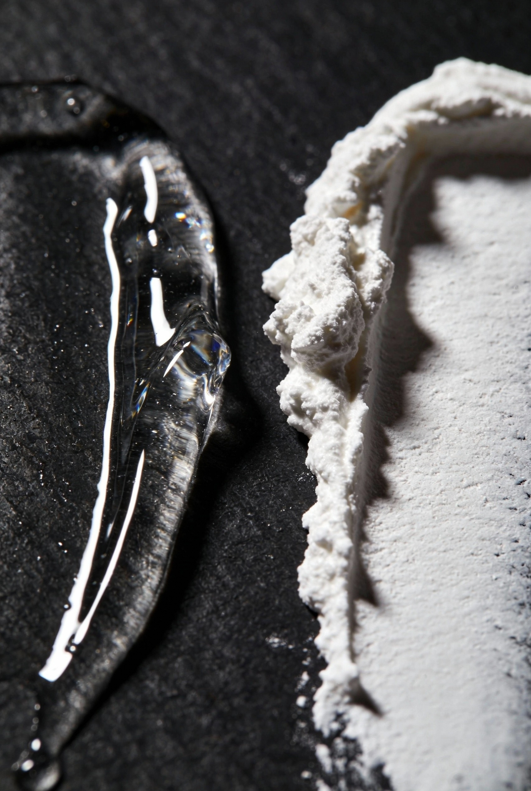 Chemical Sunscreen vs. Physical Sunscreen: The Honest Truth 2 Macro texture shot on dark slate. Left: Clear, invisible gel sunscreen. Right: Thick, white mineral sunscreen paste. Showing the difference in opacity.