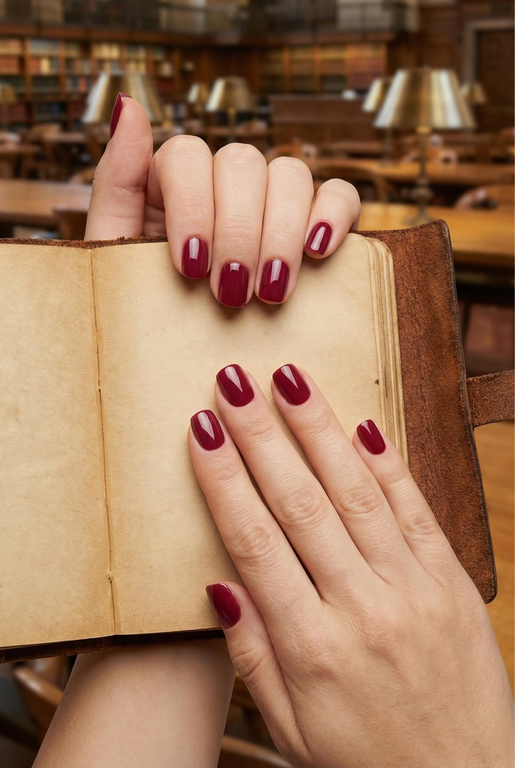 Timeless Elegance: The Rise of "Old Money" Aesthetics in Deep Red and Burgundy Nails 2 Short squoval shaped nails painted in glossy dark red, holding an open vintage book in a library setting.