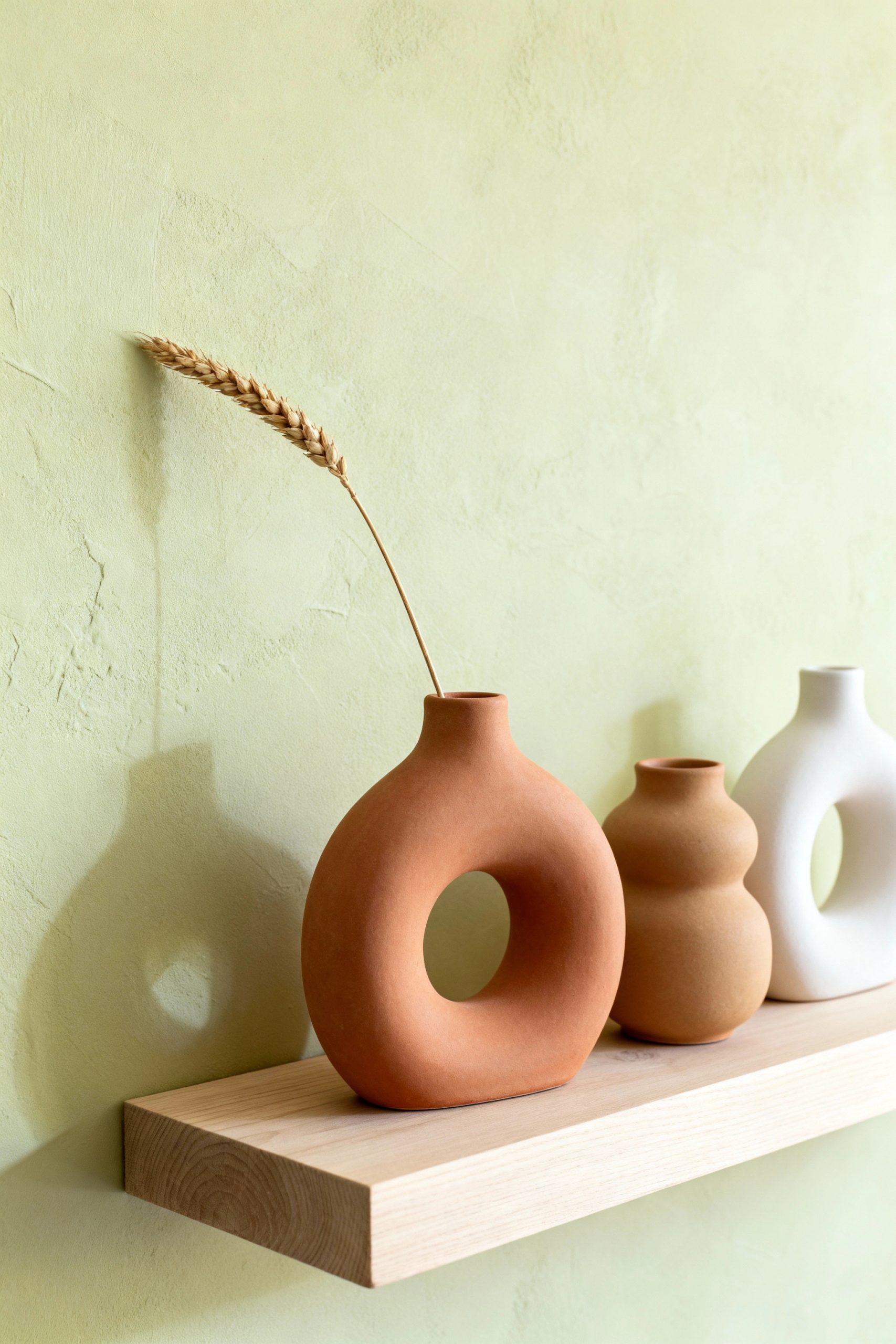 Minimalist matte ceramic vases in organic shapes and earthy tones placed on a wooden shelf against a textured wall.