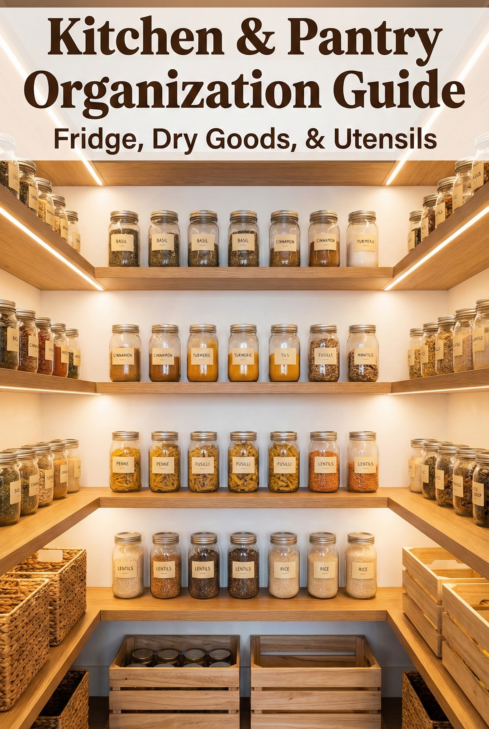 Perfectly organized pantry shelves with labeled glass jars containing spices and dry goods. Text overlay: Kitchen & Pantry Organization Guide.