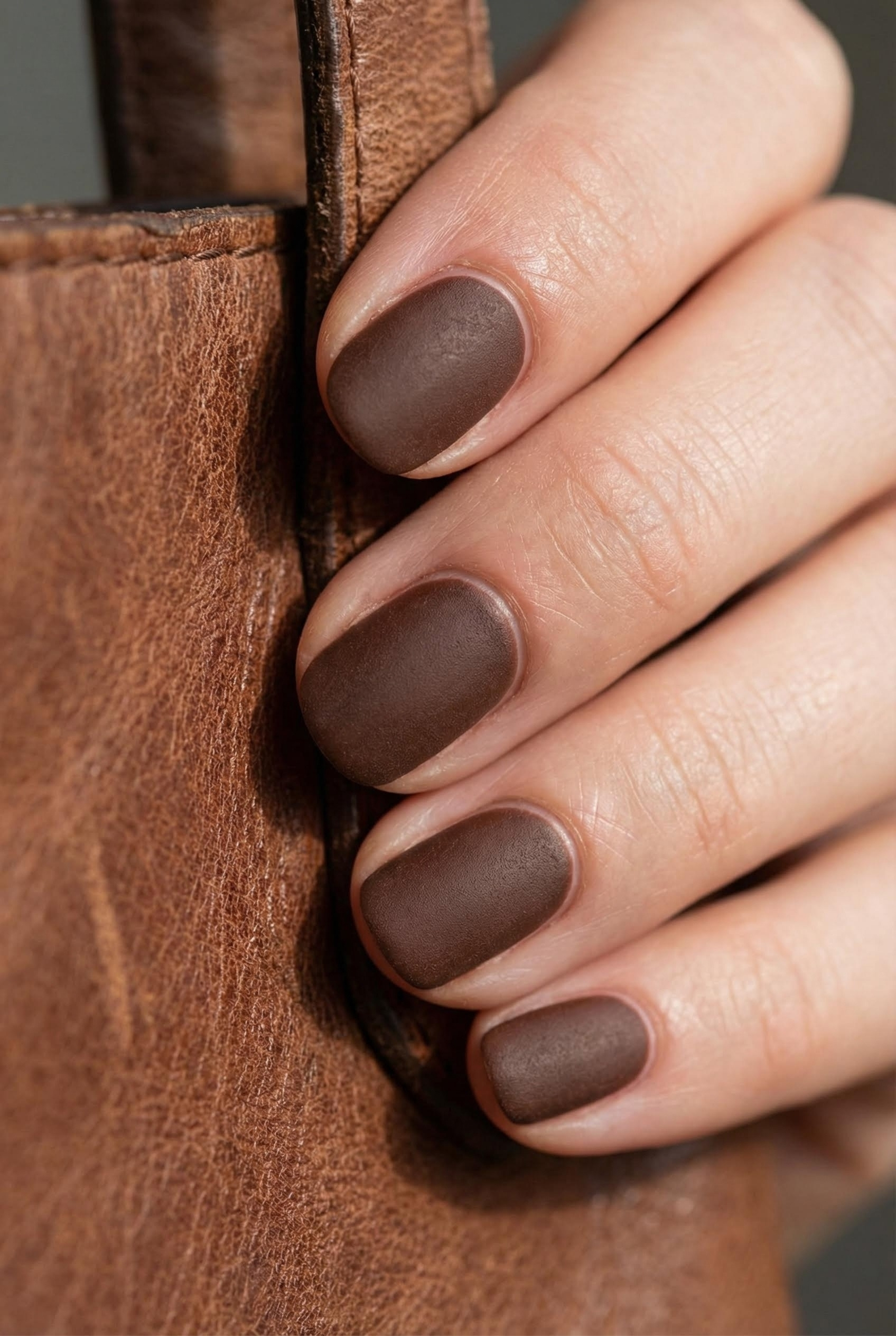Earthy Elegance: The Ultimate Guide to Chocolate and Latte Tone Nails 3 Matte dark chocolate brown nails resting against a textured brown leather bag.