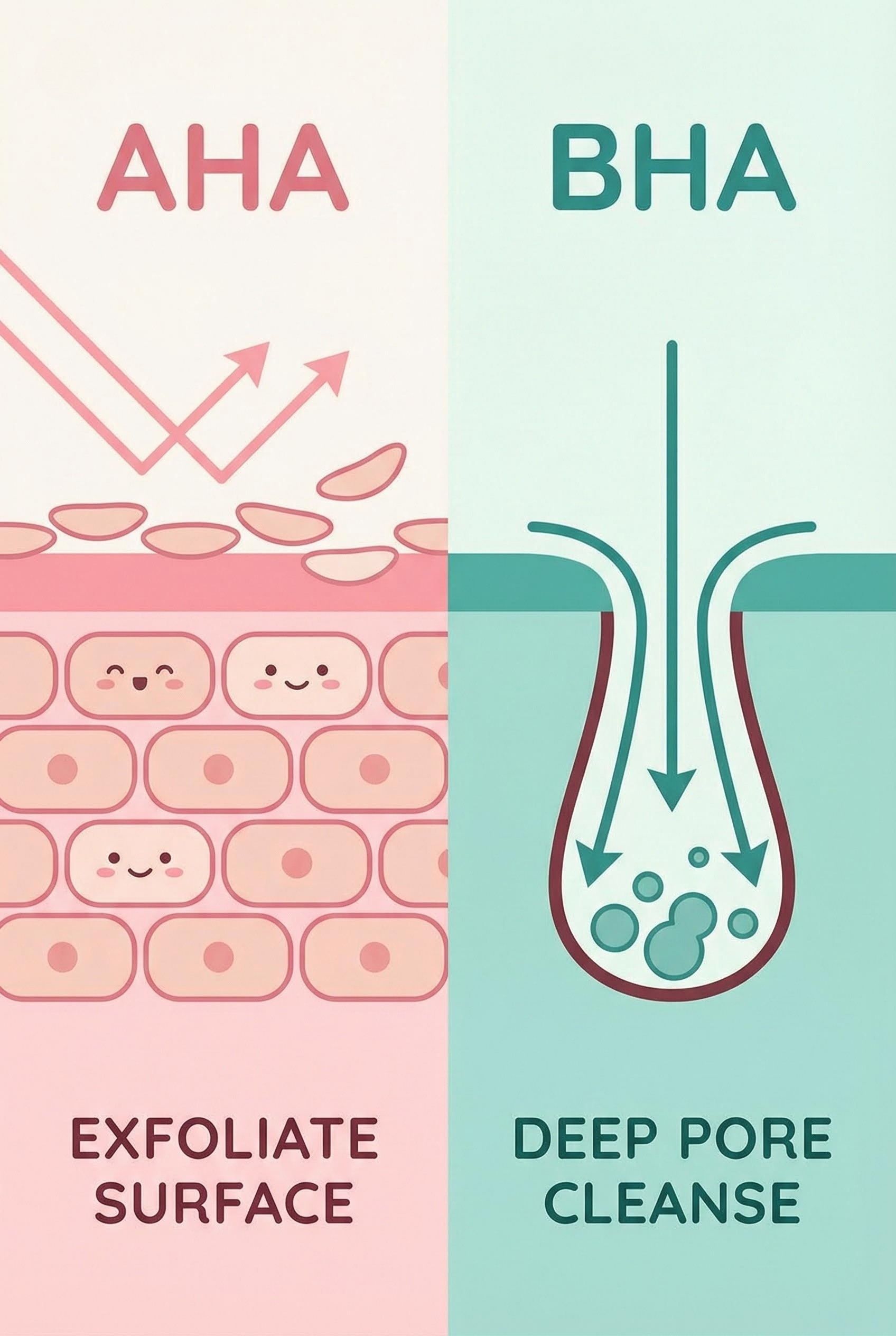 Cute illustration of skin layers. Left side shows AHA exfoliating surface cells. Right side shows BHA penetrating deep into a clogged pore to clean it out. Cute smiley faces on skin cells.
