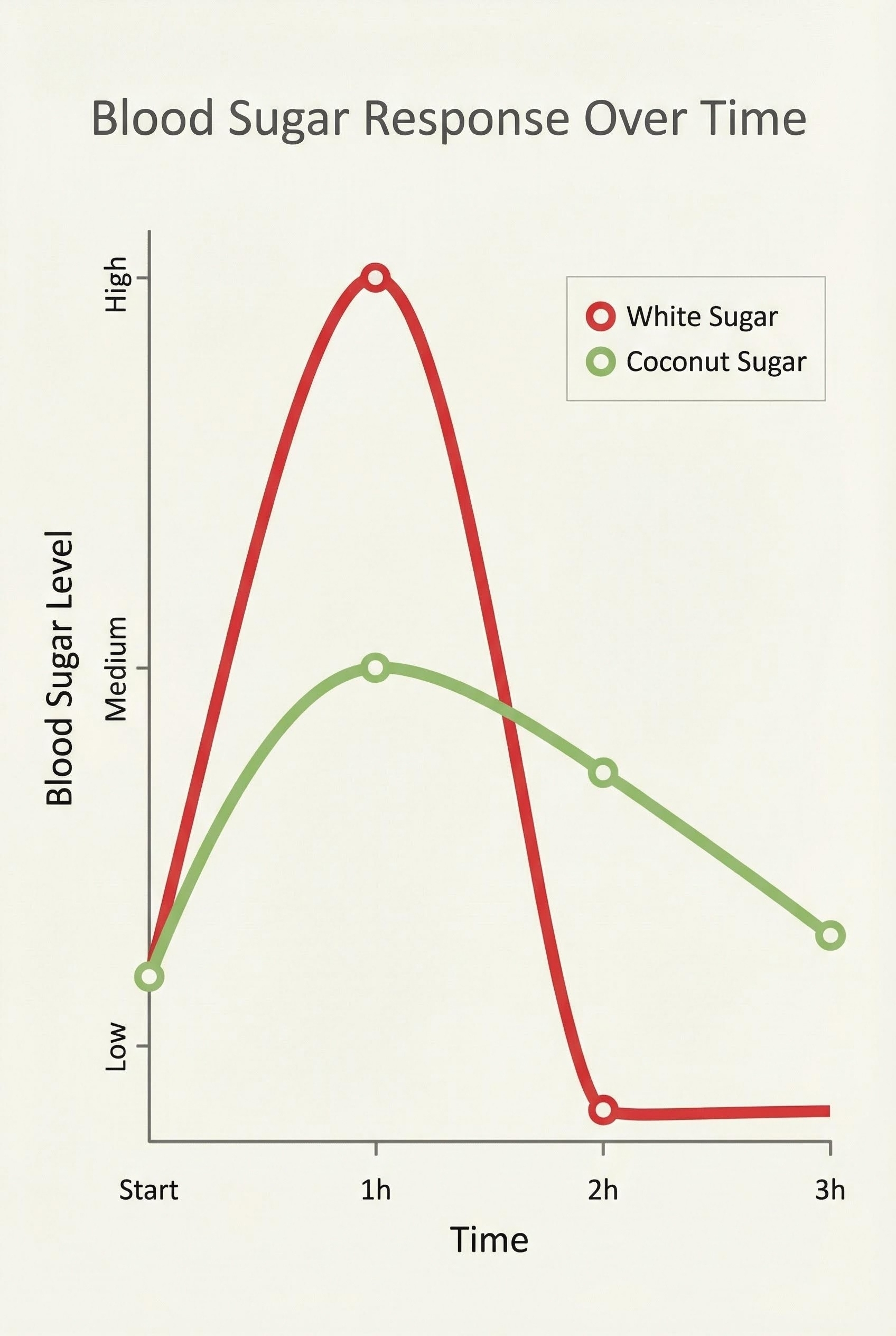 White Sugar vs. Coconut Sugar: Is One Really Healthier? 2 Line graph showing Blood Sugar Response. Red line (White Sugar) spikes high quickly. Green line (Coconut Sugar) rises slower and lower.