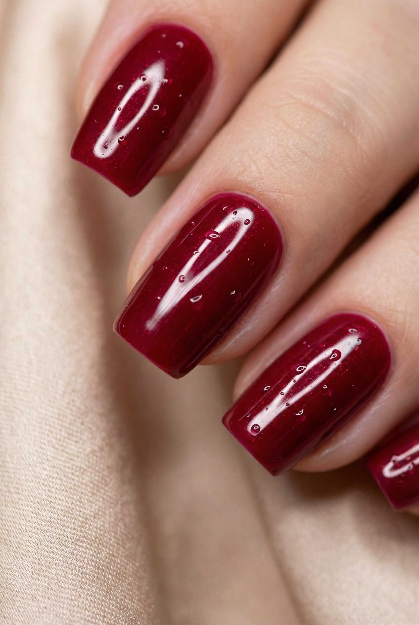 Timeless Elegance: The Rise of "Old Money" Aesthetics in Deep Red and Burgundy Nails 3 Macro photography of deep red nails showing a high-gloss, mirror-like finish with water droplets reflecting light.