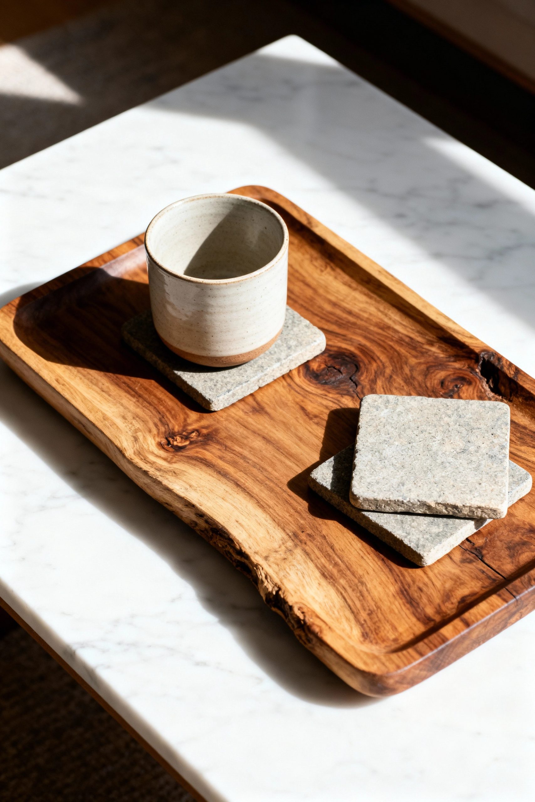 Rustic wooden serving tray on a white marble coffee table with a ceramic cup and stone coasters.