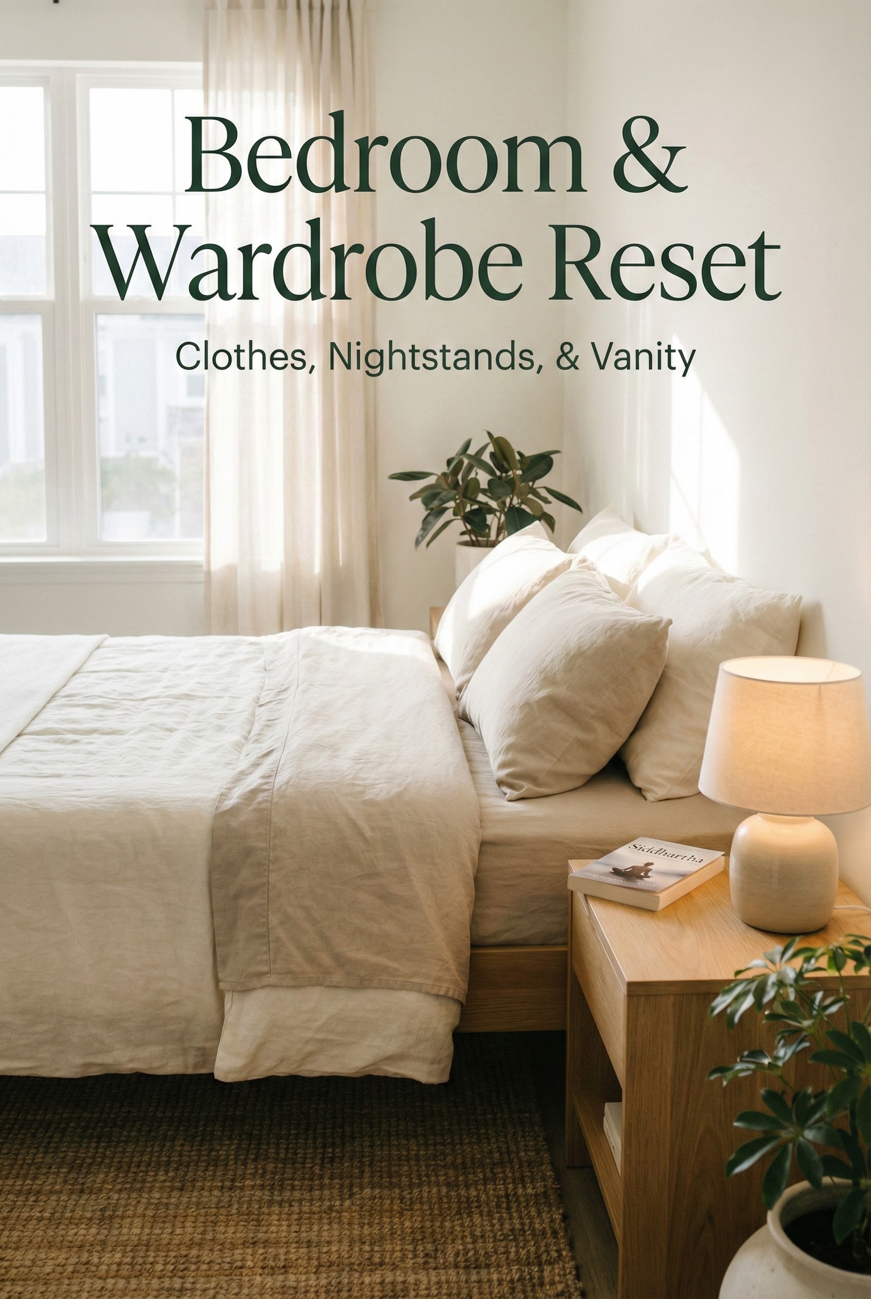 Serene bedroom with linen bedding and a wooden nightstand with a lamp. Text overlay: Bedroom & Wardrobe Reset.