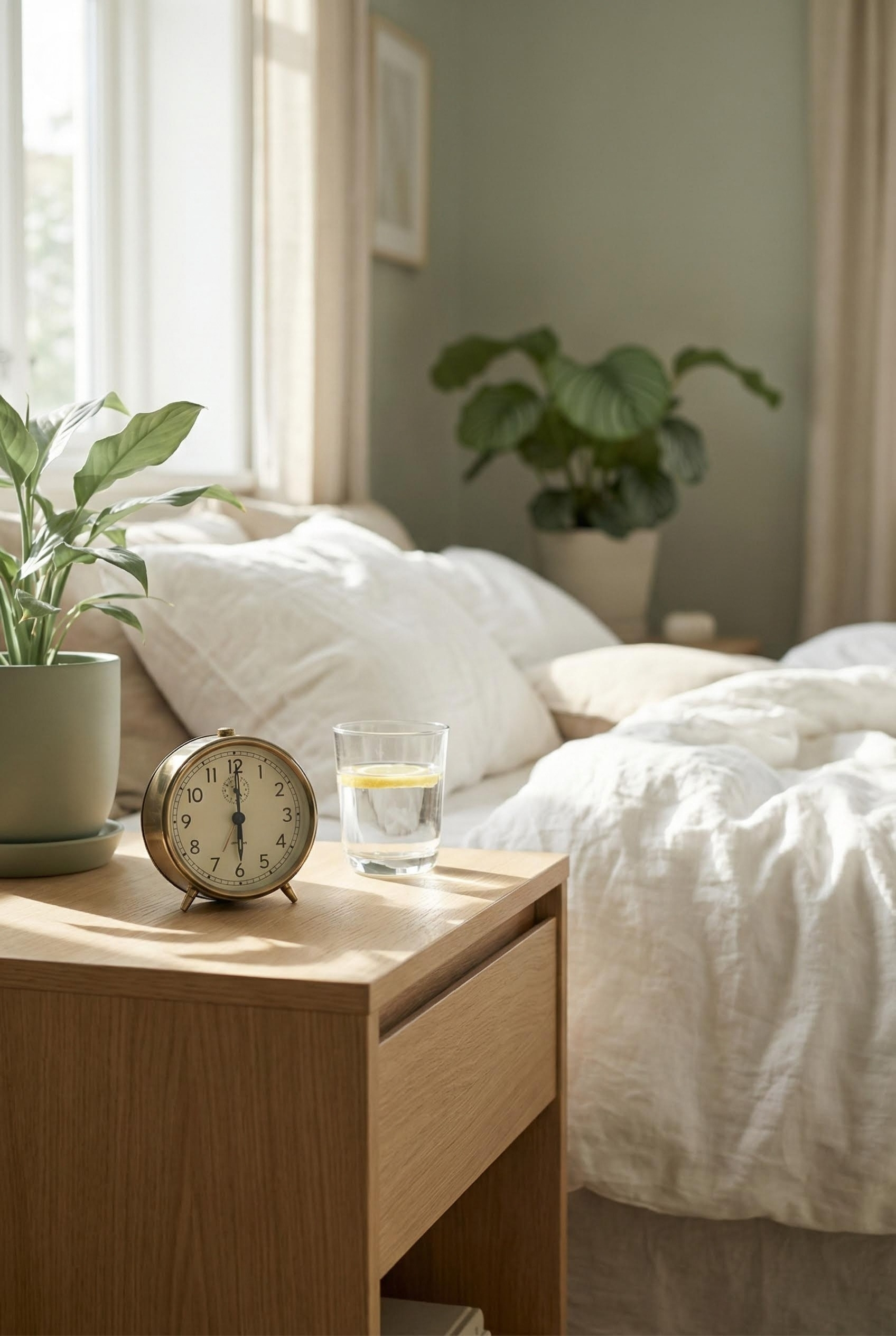 Aesthetic bedside table with analog clock set to 6 AM and a glass of water, representing a refreshed morning routine without sleep inertia.