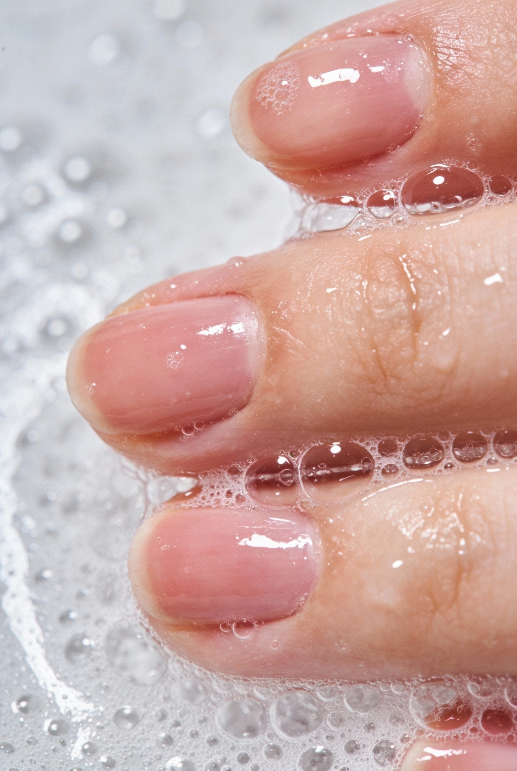 The "Soap Nail" Trend for an Ultra-Clean Aesthetic 4 Macro shot of wet, glossy fingernails surrounded by water bubbles highlighting the texture.