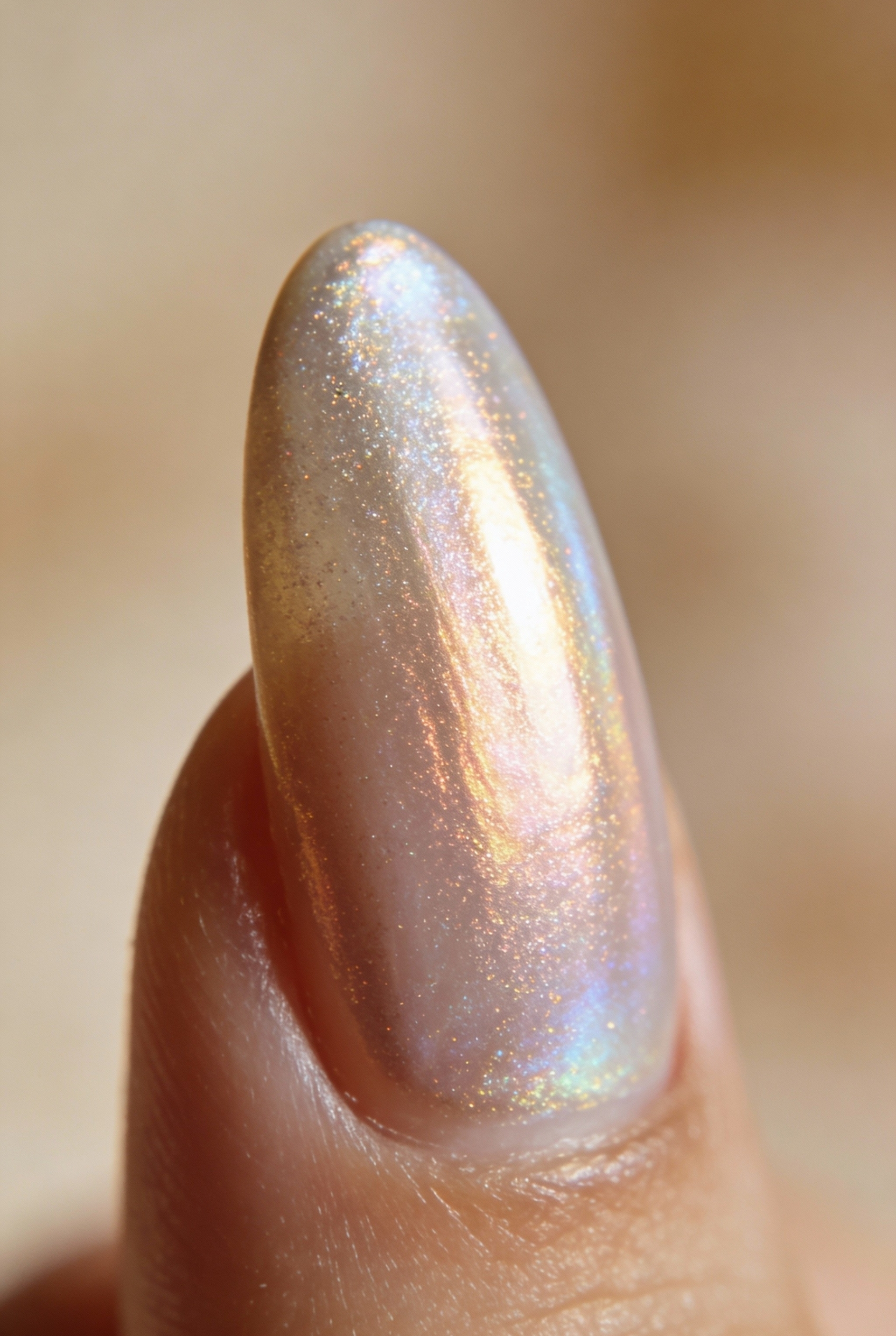 Side profile of an almond shaped nail showing how the curved surface reflects light and enhances the shimmer.