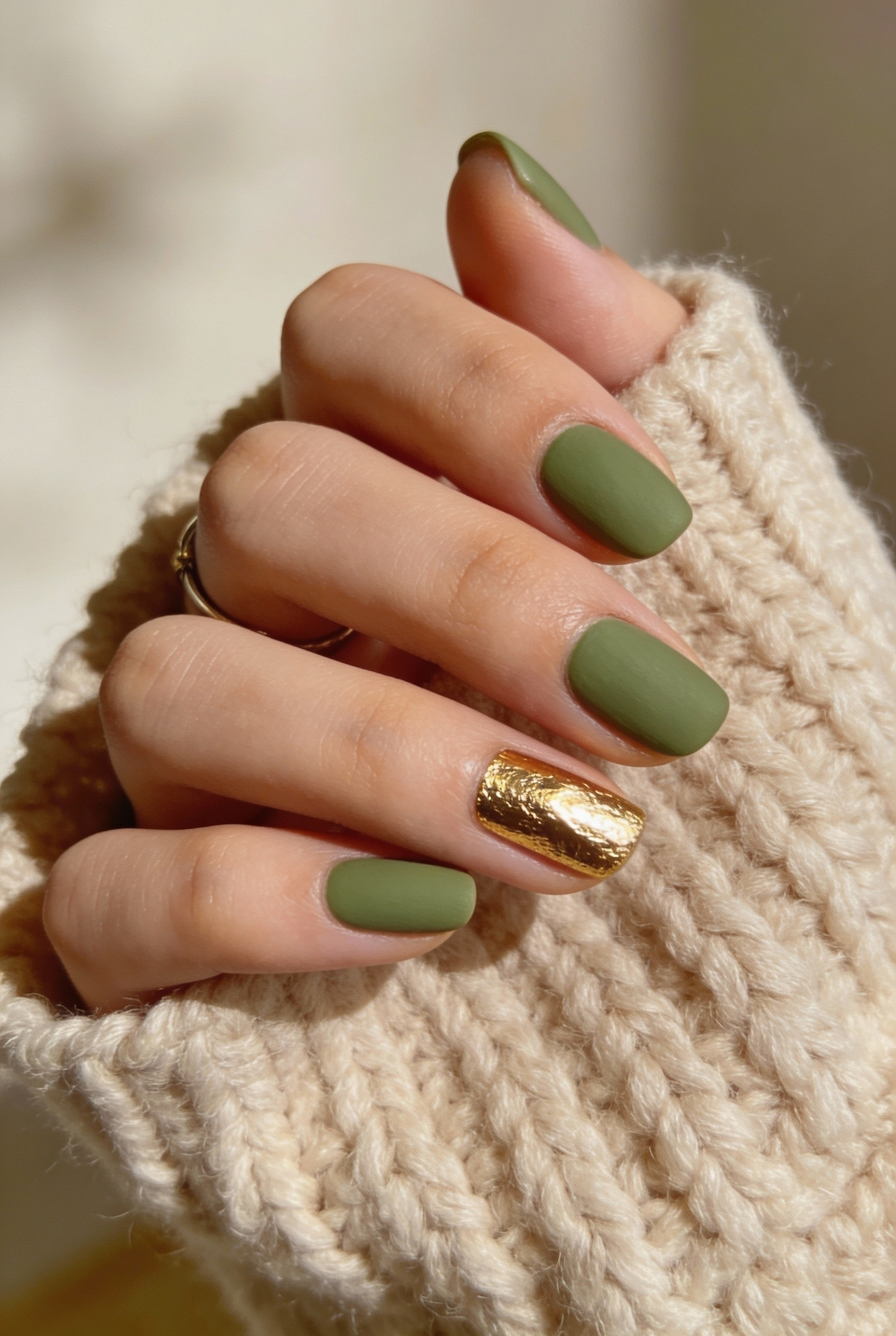 Matte sage green nails styled with a cream knit sweater, featuring a gold foil accent nail.