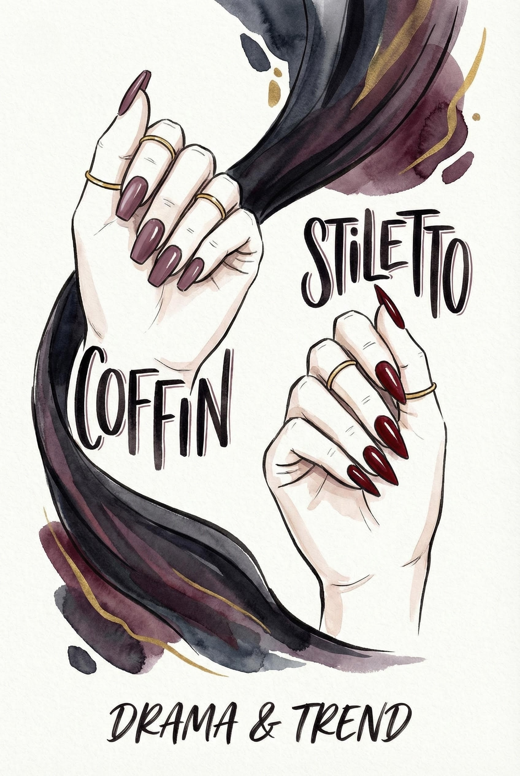 Artistic watercolor illustration of hands with Coffin and Stiletto nail shapes.