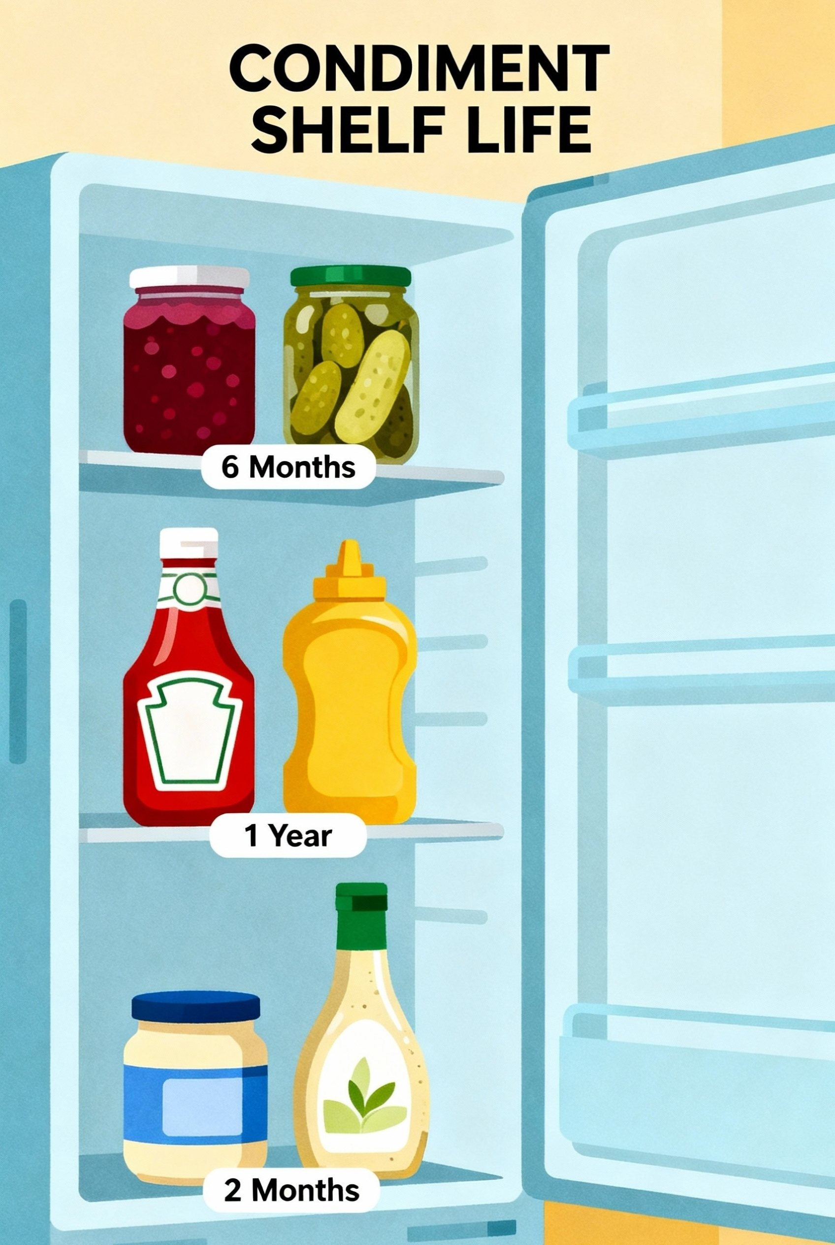 Illustration of refrigerator door shelves showing expiration times for ketchup, mustard, pickles, and mayonnaise.