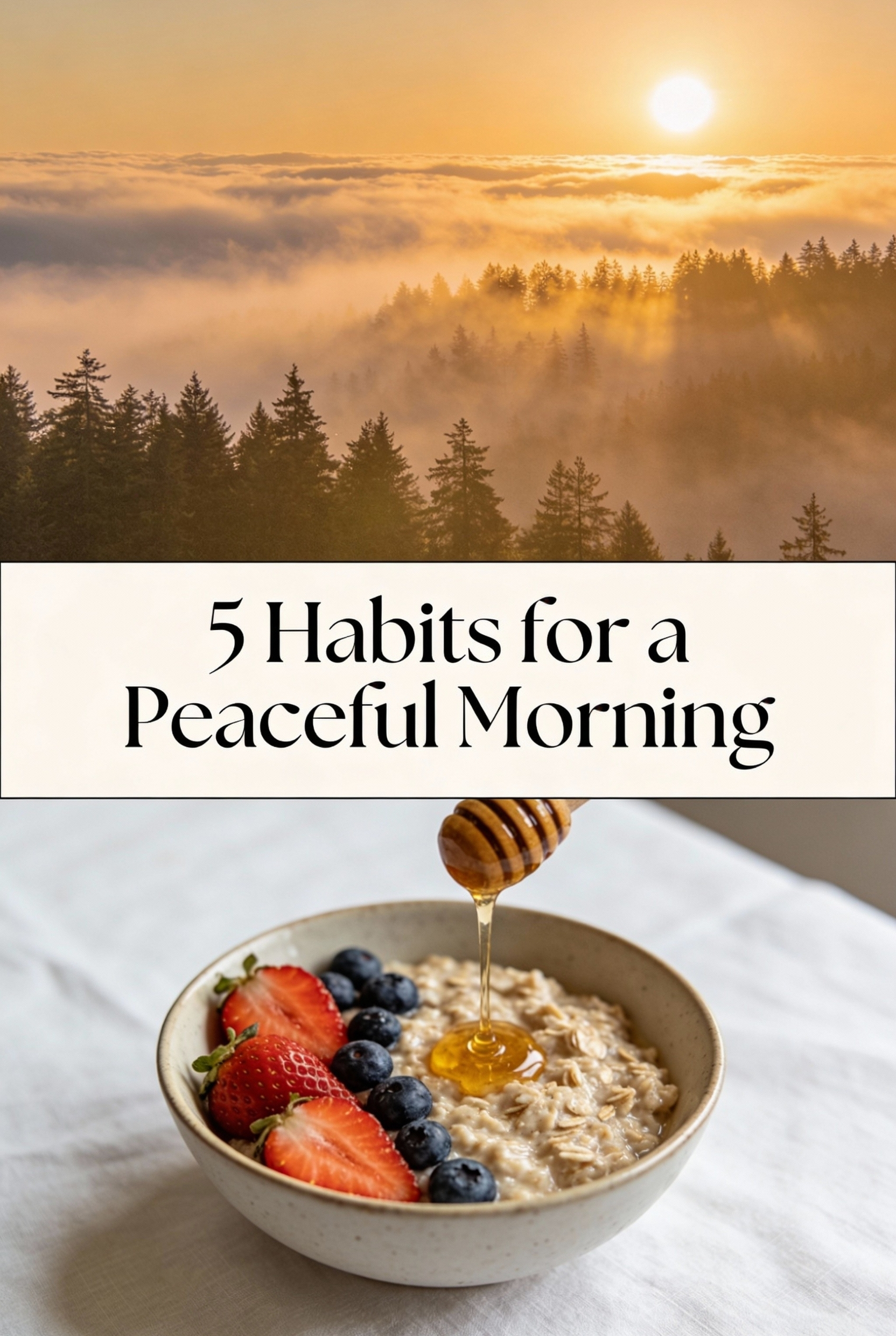 Morning Intentions: 5 Habits to Start Your Day with Peace and Purpose 3 Pinterest pin design showing sunrise and healthy breakfast, title reads 5 Habits for a Peaceful Morning.