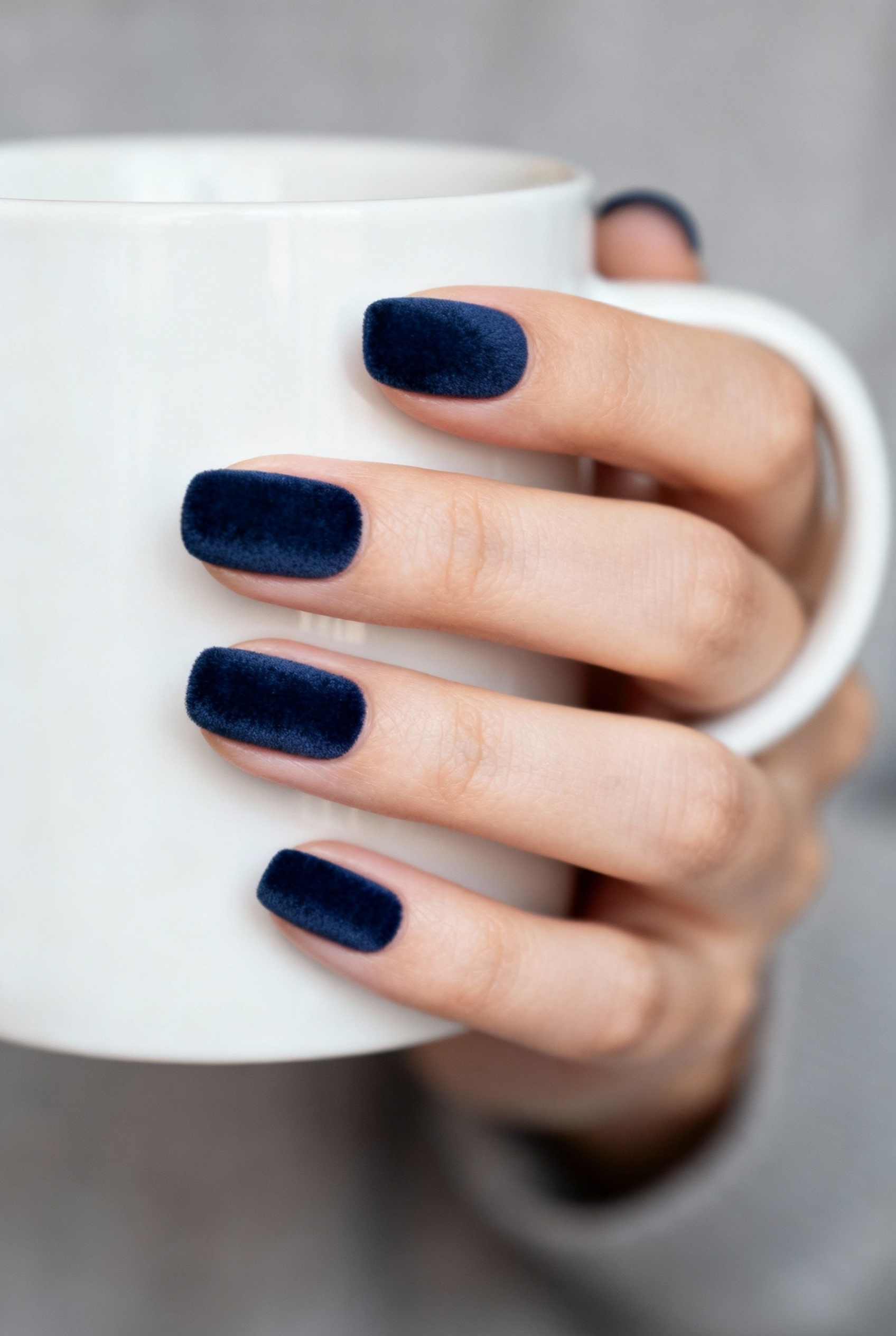 Sophisticated Depth: The Midnight Blue and Navy Nails Manicure 4 Hand holding a white mug featuring matte navy blue nails with a velvet-like texture.