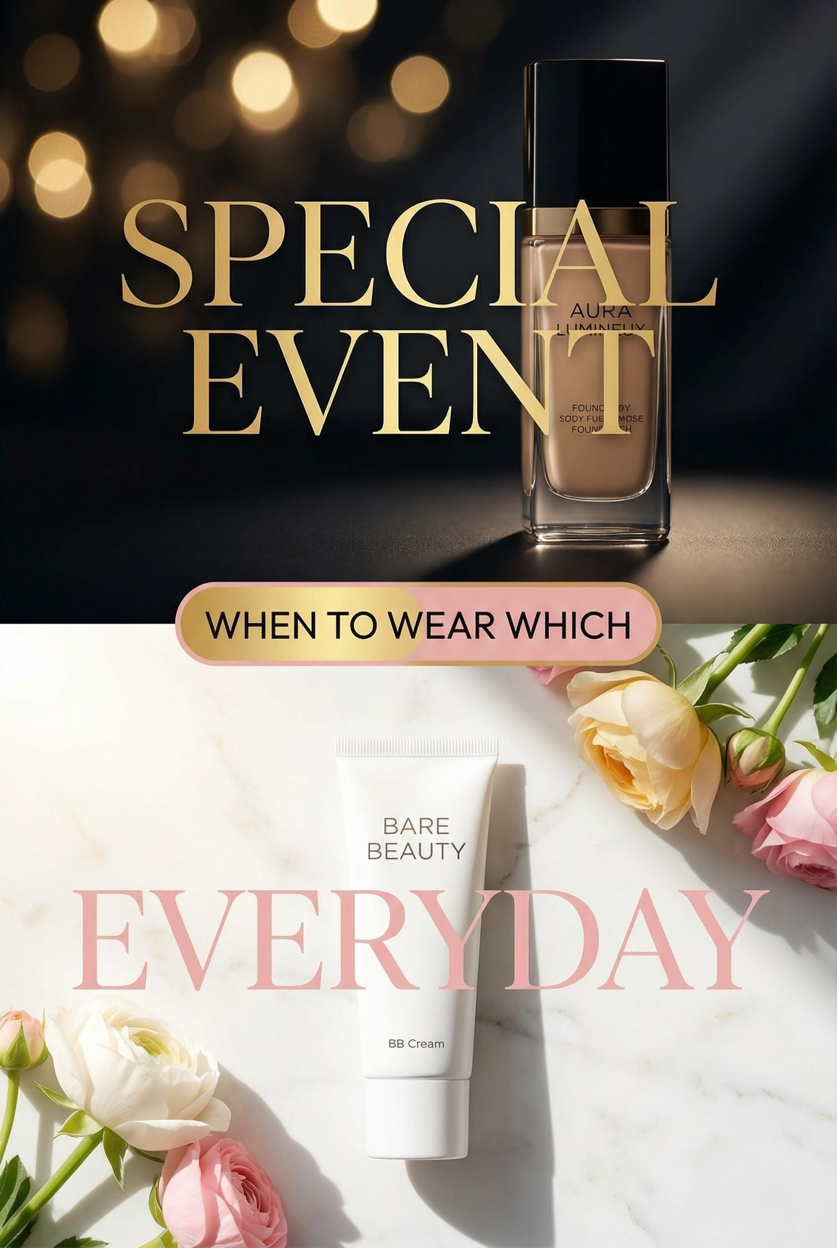 Vertical split screen. Top: Luxury foundation bottle with bokeh lights text "SPECIAL EVENT". Bottom: White BB Cream tube with flowers text "EVERYDAY".