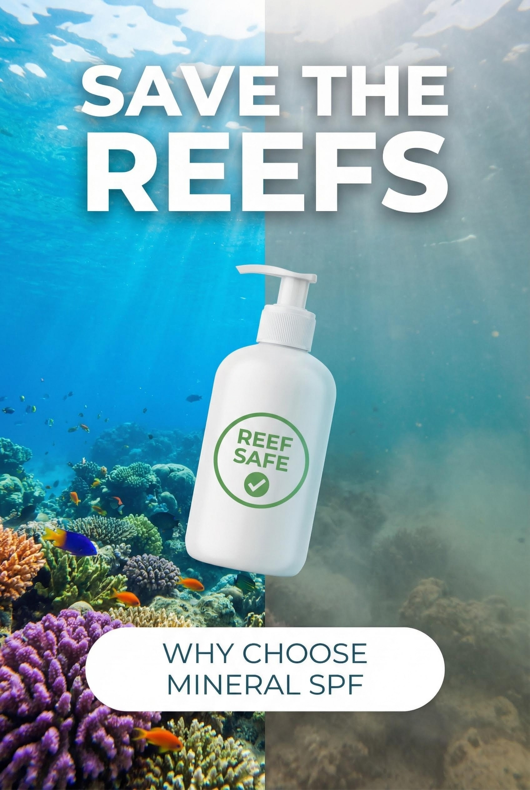Chemical Sunscreen vs. Physical Sunscreen: The Honest Truth 3 Split underwater background. Left: Clear blue ocean with healthy coral. Right: Murky water. White mineral sunscreen bottle labeled "Reef Safe". Text: Save The Reefs, Why Choose Mineral SPF.