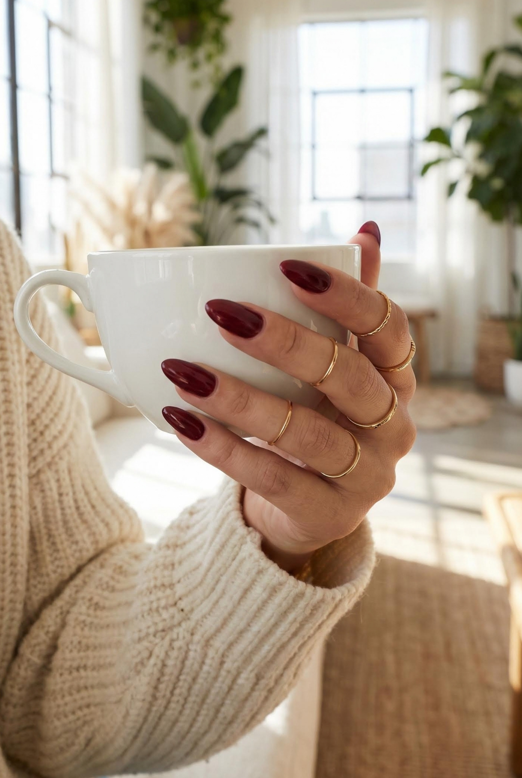 Timeless Elegance: The Rise of "Old Money" Aesthetics in Deep Red and Burgundy Nails 4 Almond shaped burgundy nails accessorized with thin gold rings, holding a white ceramic cup against a cozy background.