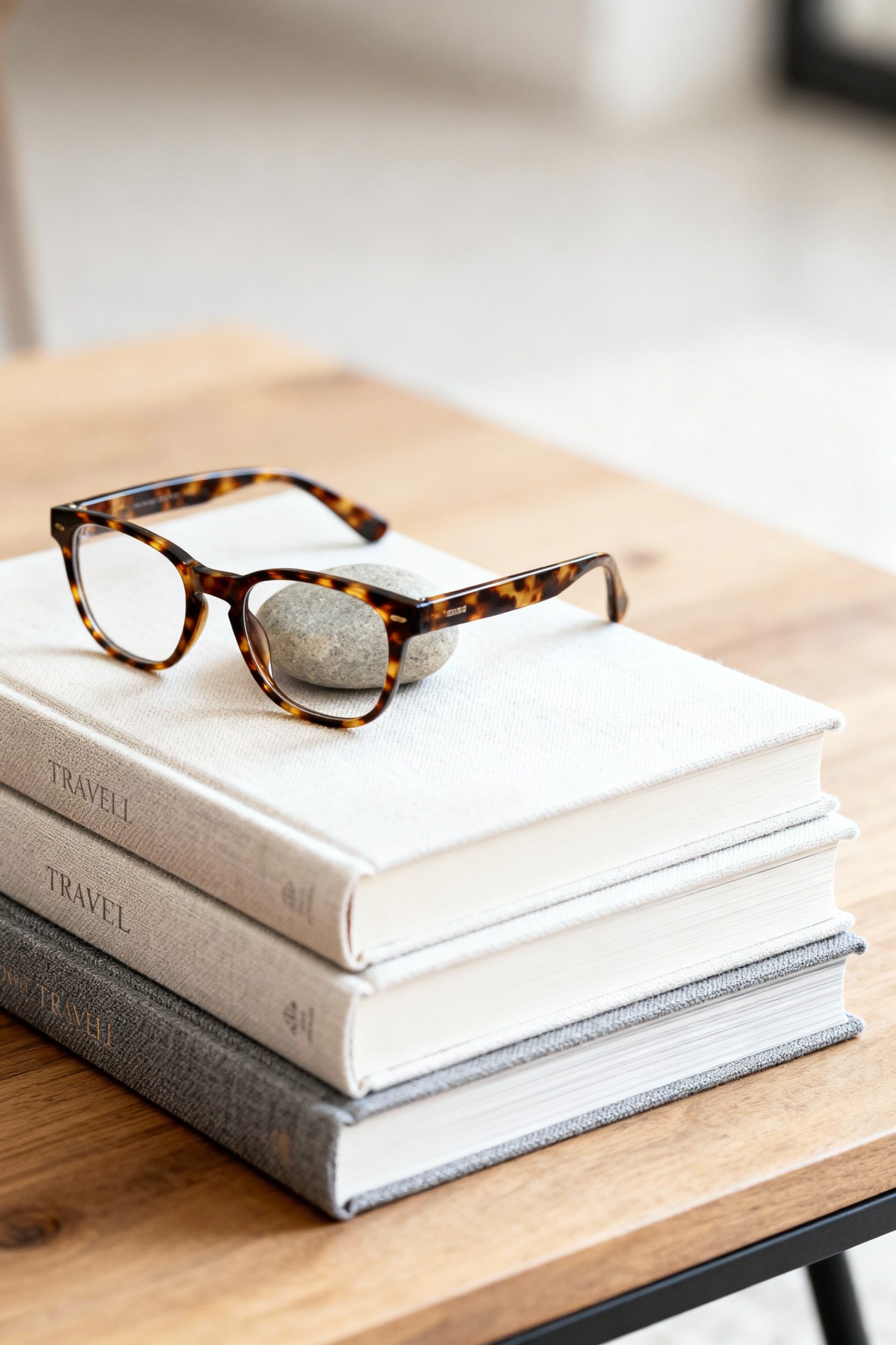 Stack of hardcover design books with neutral fabric covers and reading glasses resting on a wooden table.