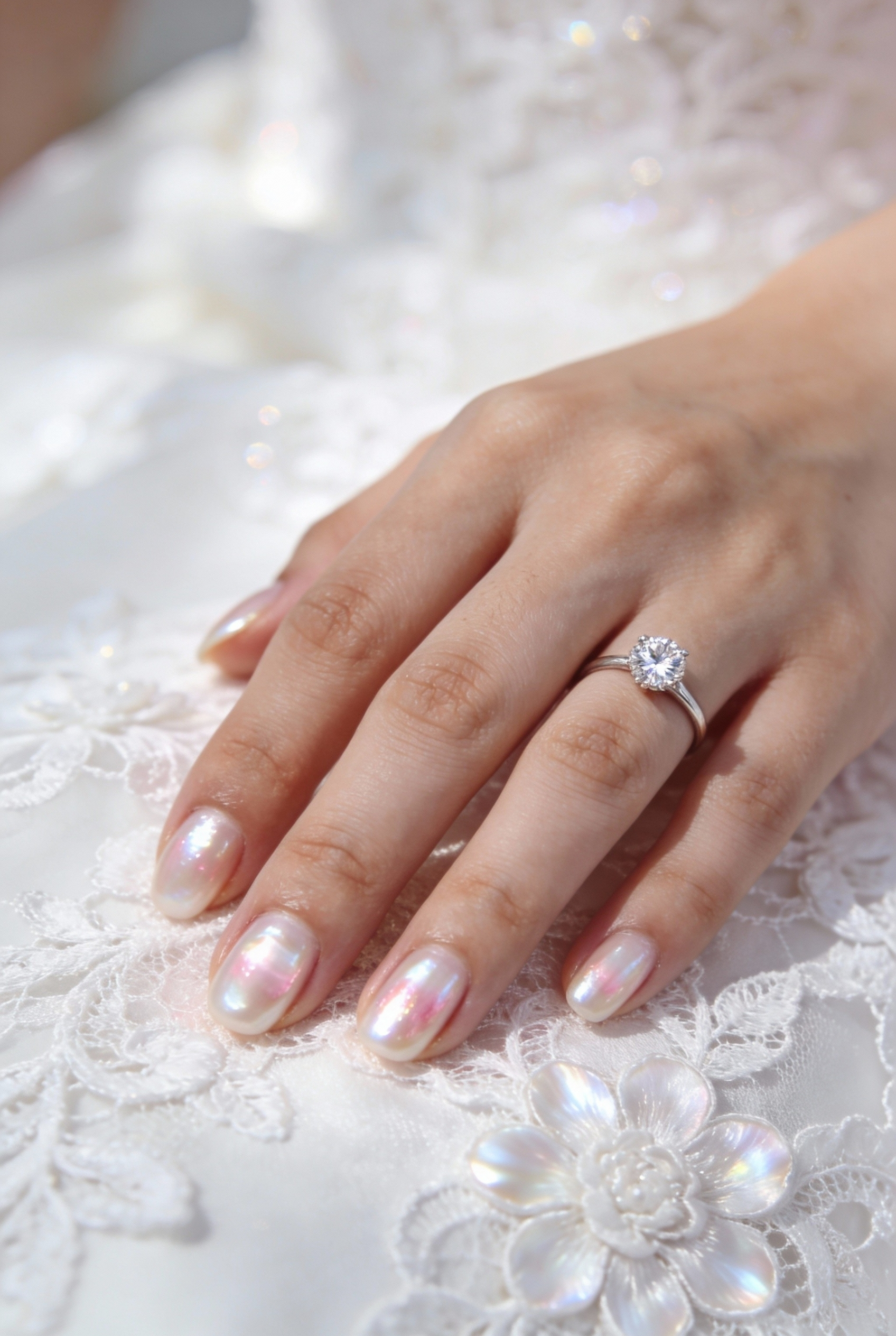 Bride's hand with soft glazed manicure and diamond ring resting on white lace fabric.