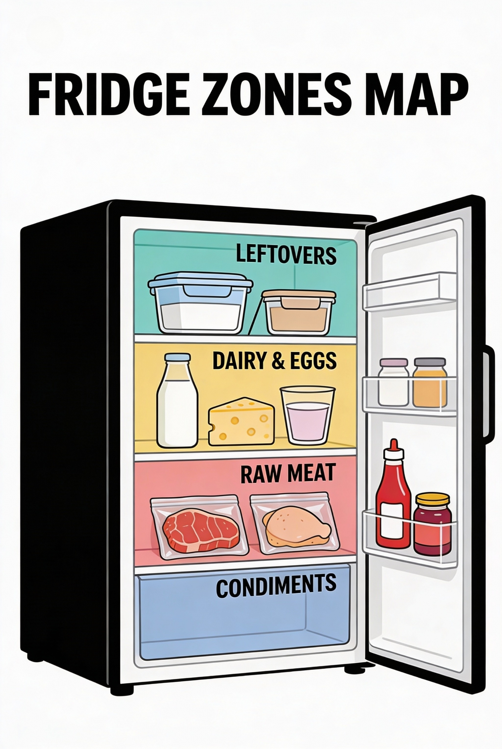 Diagram showing correct refrigerator zones: leftovers on top shelf, dairy in middle, raw meat on bottom, condiments in door.