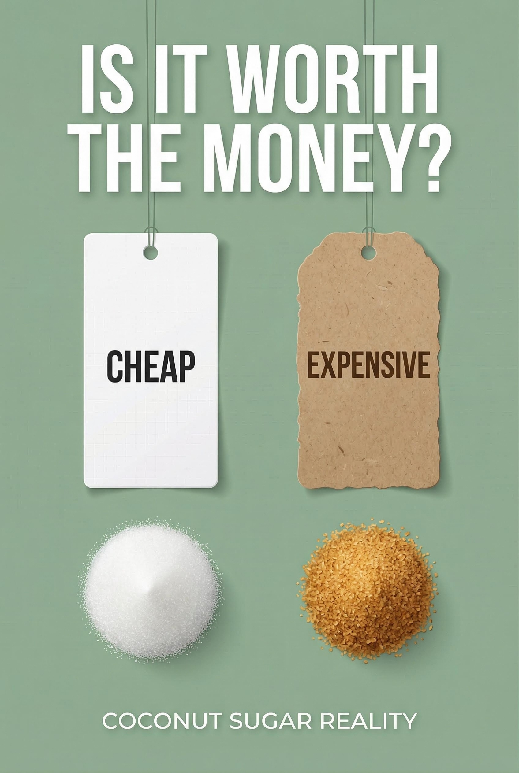 White Sugar vs. Coconut Sugar: Is One Really Healthier? 5 Minimalist flat lay graphic on sage green background. Left: White price tag labeled "CHEAP" over white sugar. Right: Brown price tag labeled "EXPENSIVE" over coconut sugar. Text: Is It Worth The Money?