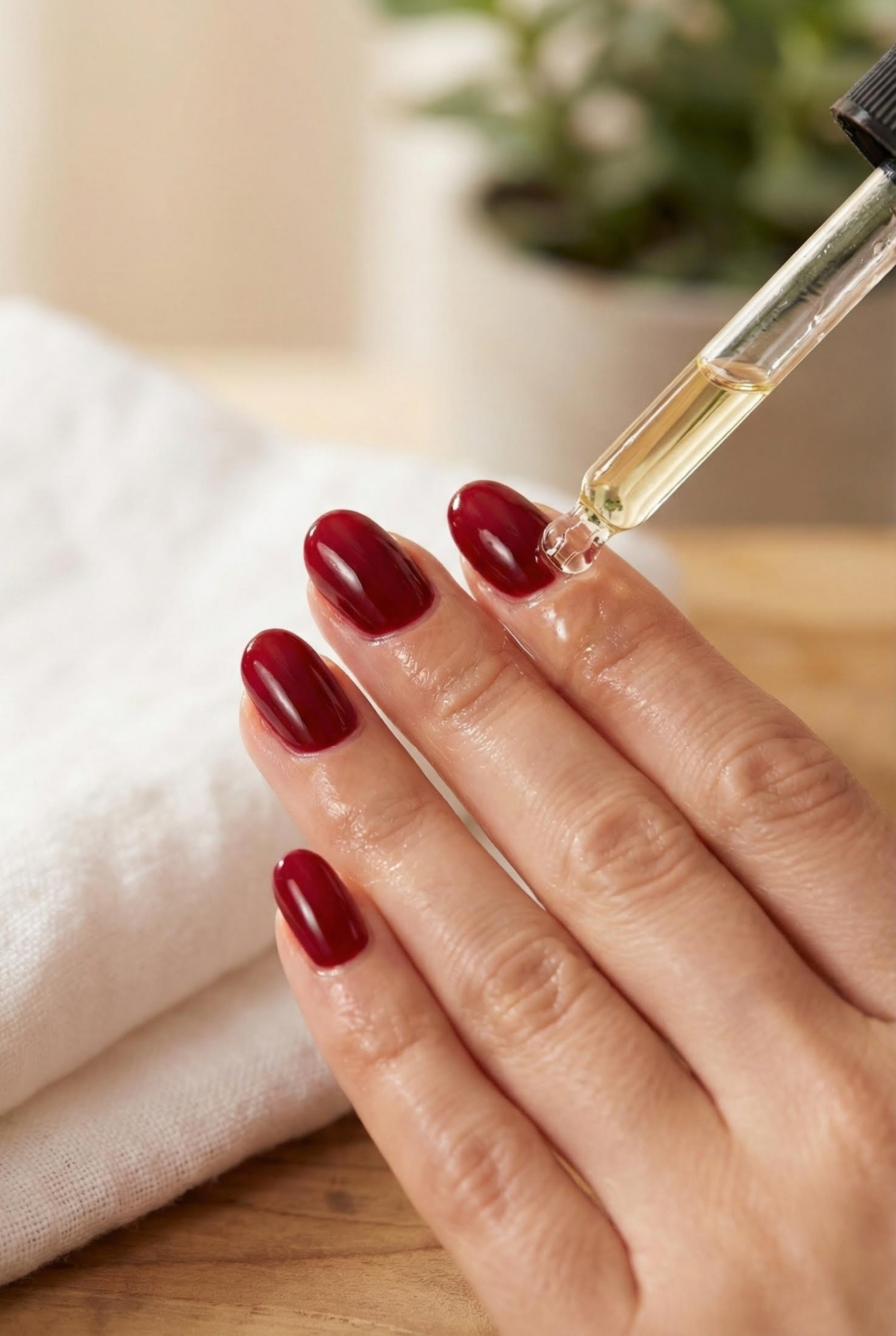 Timeless Elegance: The Rise of "Old Money" Aesthetics in Deep Red and Burgundy Nails 5 Applying cuticle oil to deep red manicured nails to maintain healthy skin and cuticles.