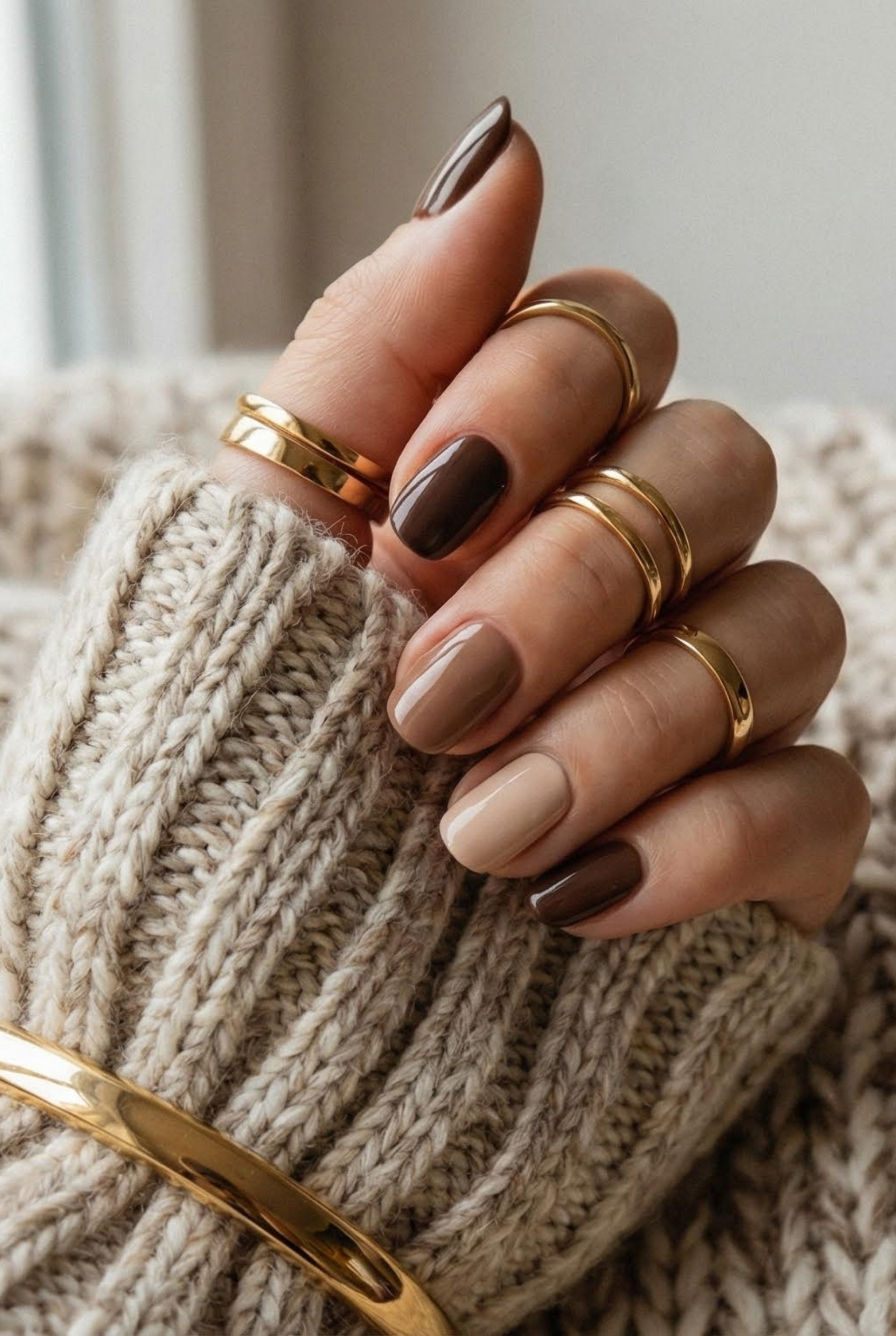 Earthy Elegance: The Ultimate Guide to Chocolate and Latte Tone Nails 5 Gradient brown manicure (skittle nails) styled with a cozy oatmeal chunky knit sweater and gold bracelet.