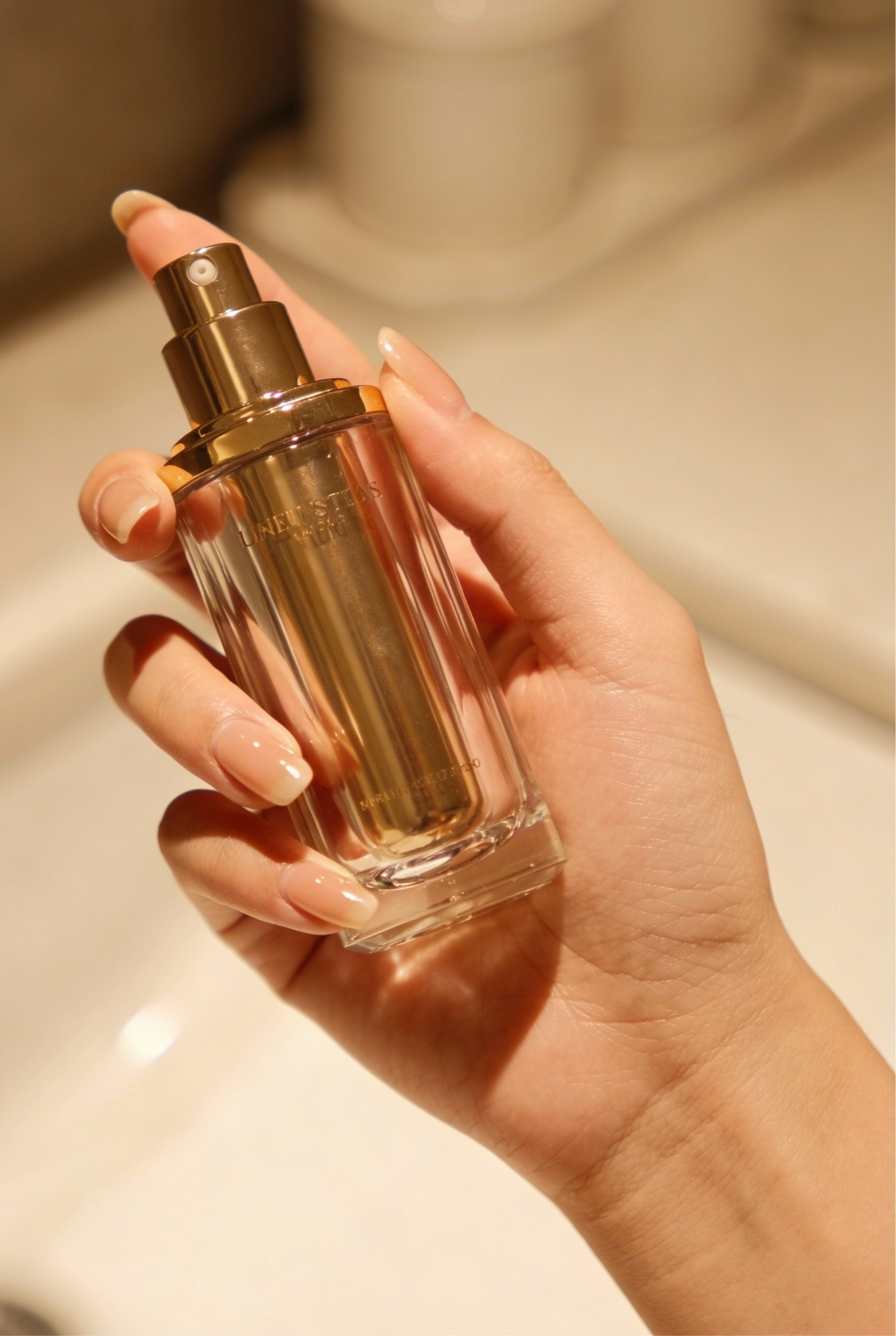The "Soap Nail" Trend for an Ultra-Clean Aesthetic 5 Hand holding a gold luxury skincare bottle, showcasing manicured cuticles and soft skin.