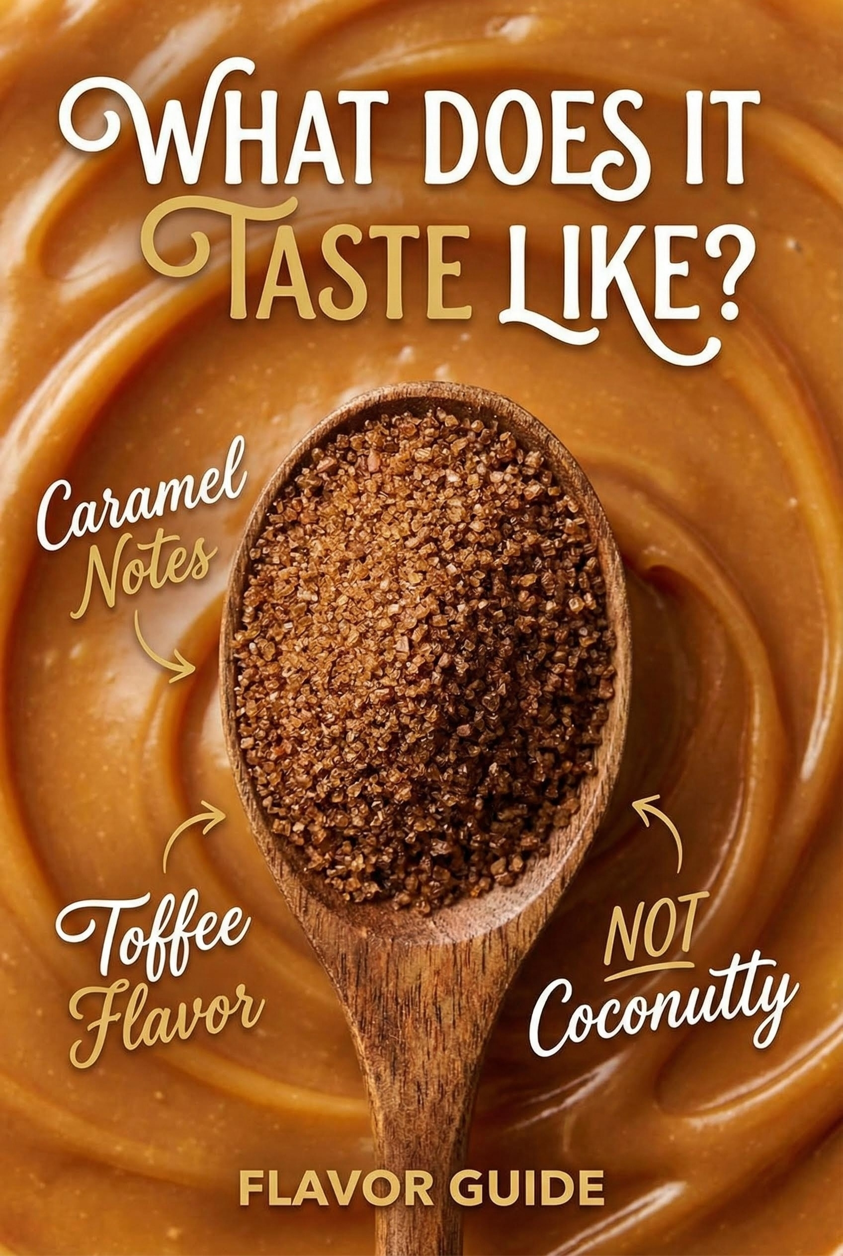 White Sugar vs. Coconut Sugar: Is One Really Healthier? 6 Appetizing macro shot. Wooden spoon with coconut sugar against a caramel swirl background. Text: Caramel Notes, Toffee Flavor, NOT Coconutty.