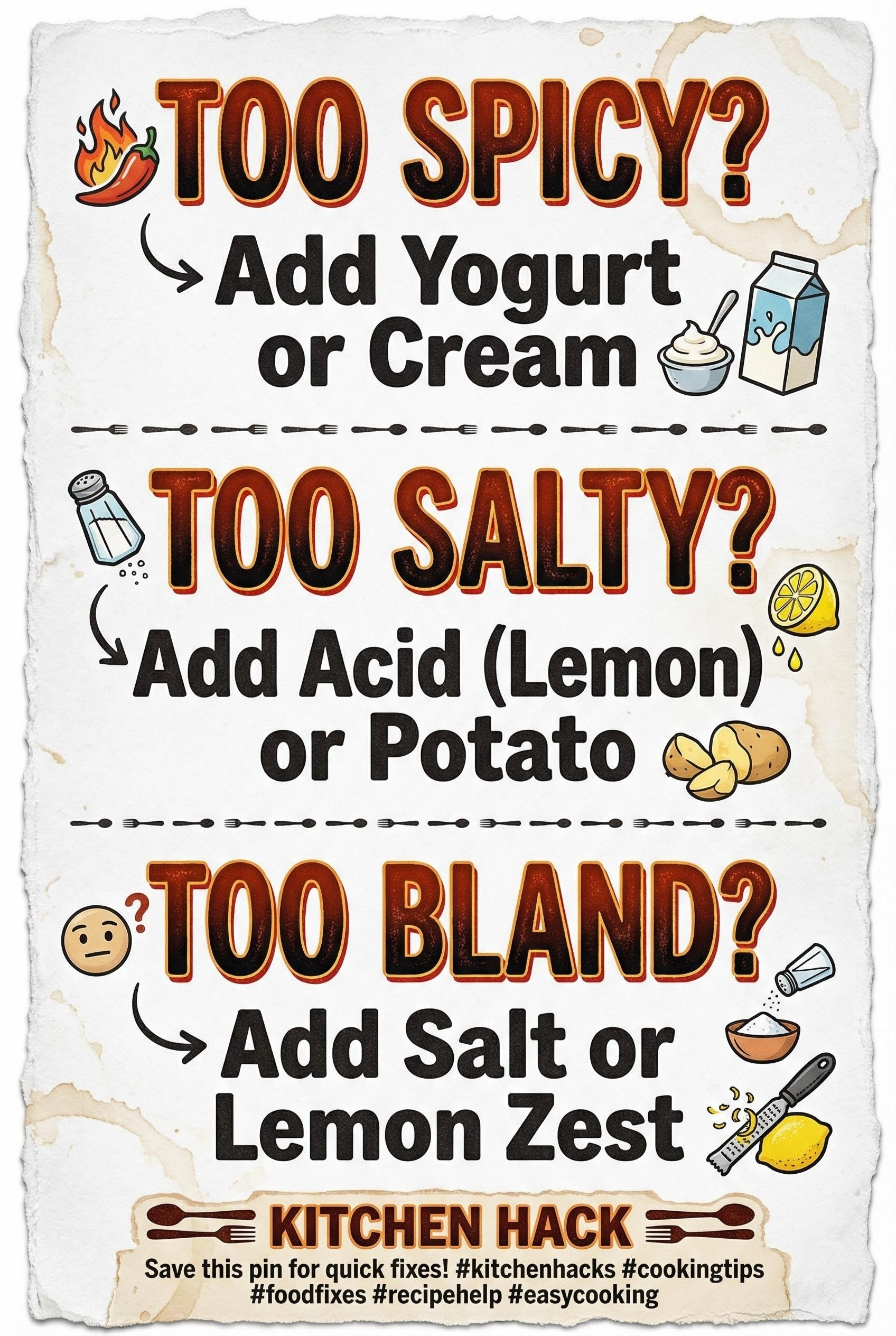 Kitchen hack guide for fixing food that is too spicy, too salty, or too bland.