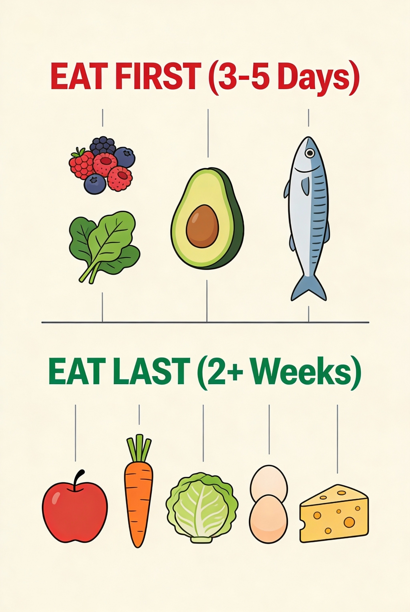 Infographic timeline showing foods to eat within 3-5 days versus foods that last 2+ weeks.