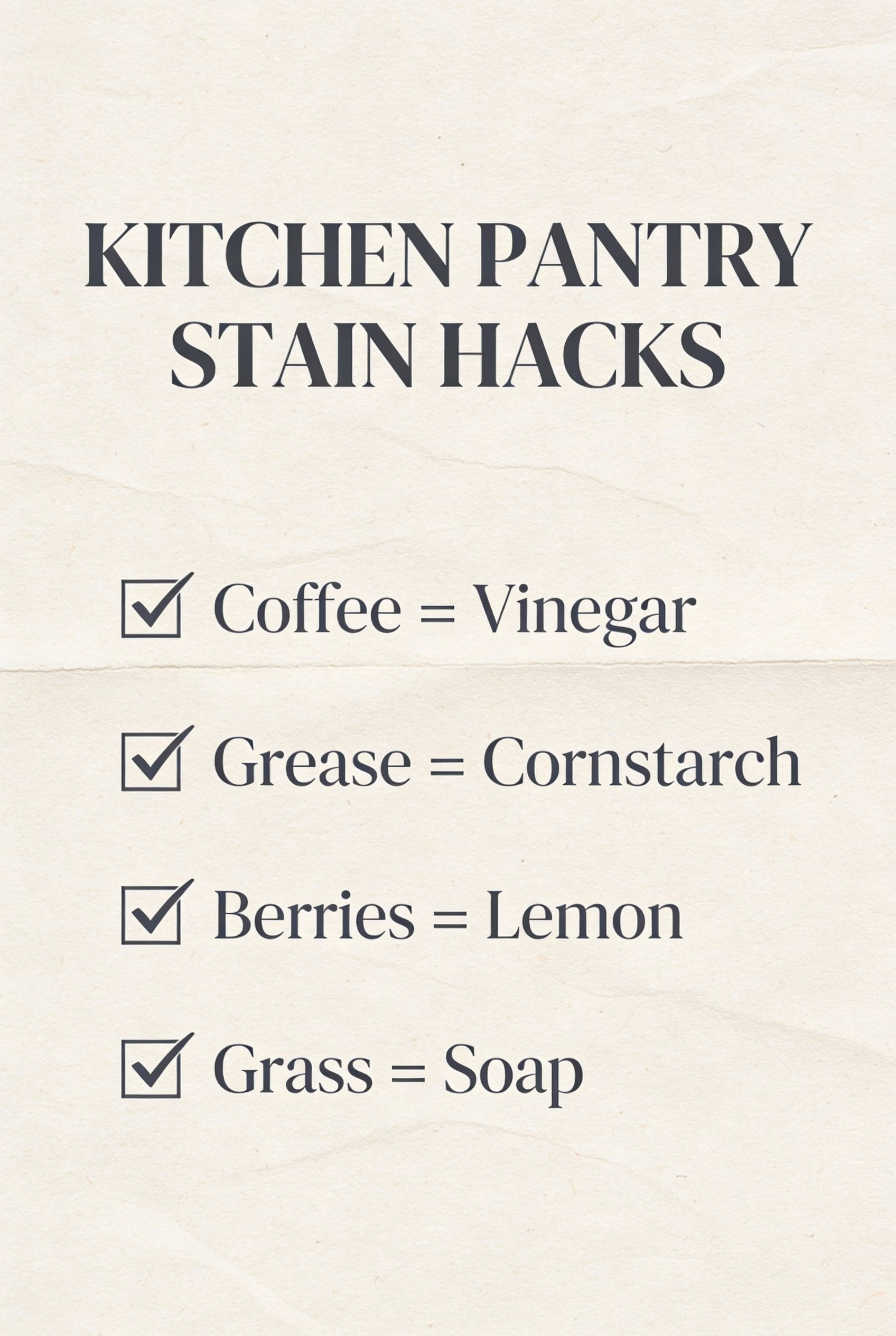 Save Your Clothes: The Ultimate Chemical-Free Stain Removal Guide 6 Minimalist checklist showing which natural ingredient fixes which stain: Coffee uses vinegar, grease uses cornstarch.